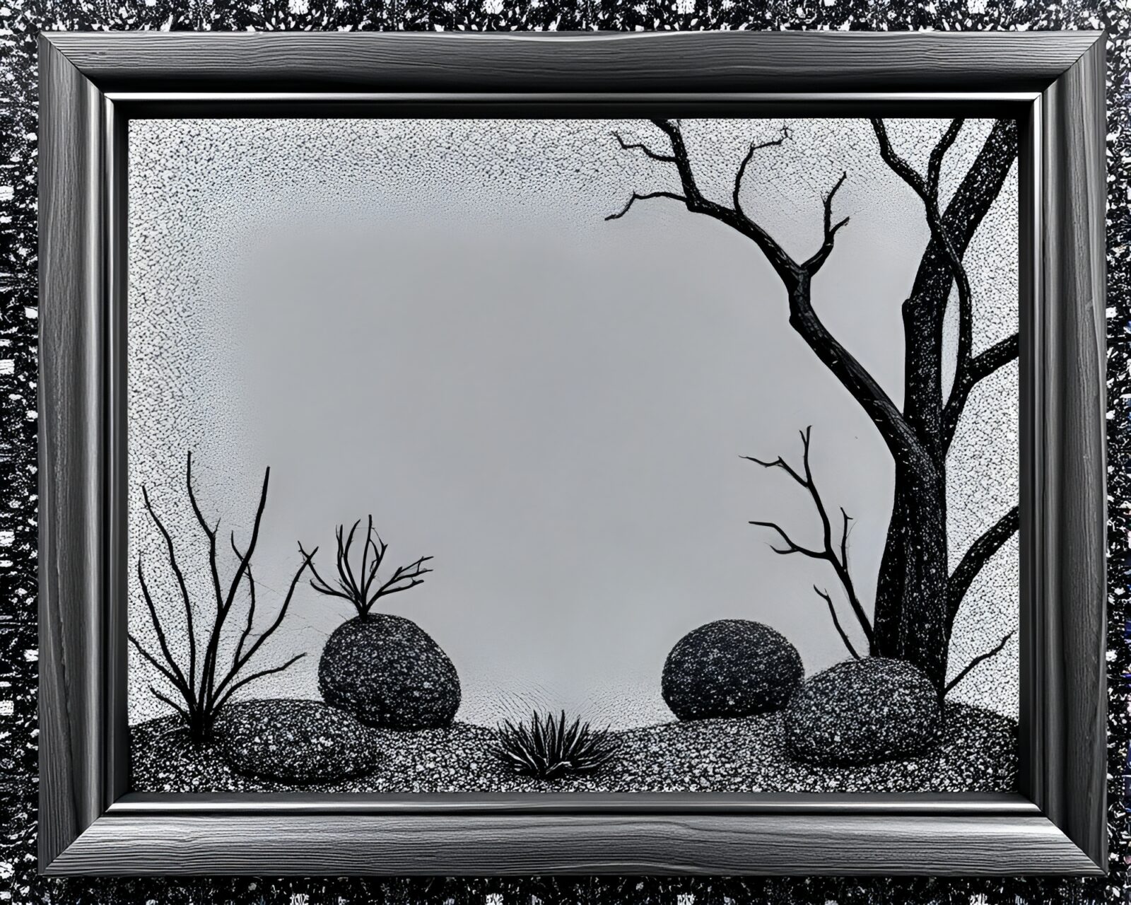 Black and white Zen garden with metallic sparkle