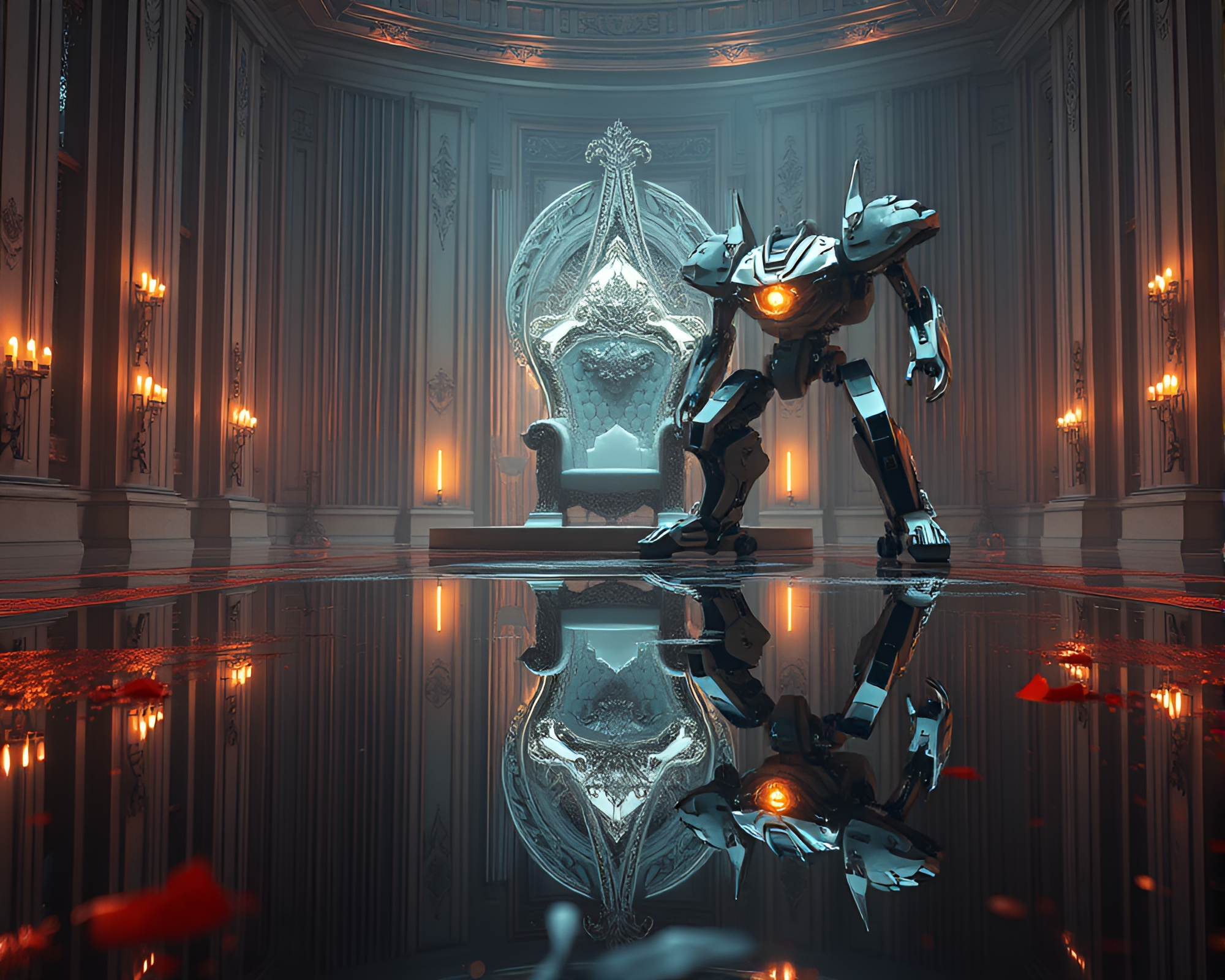 Mech Throne: Puddle Reflection Glory – free AI stock image