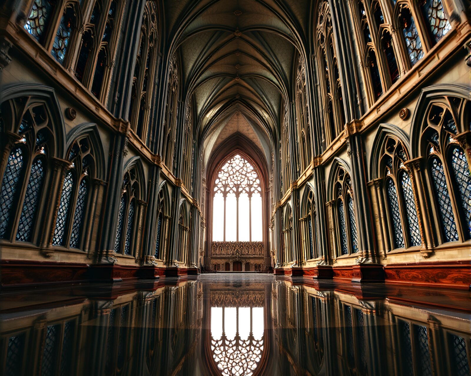Symmetrical mosaic Gothic cathedral in dramatic lens vignette