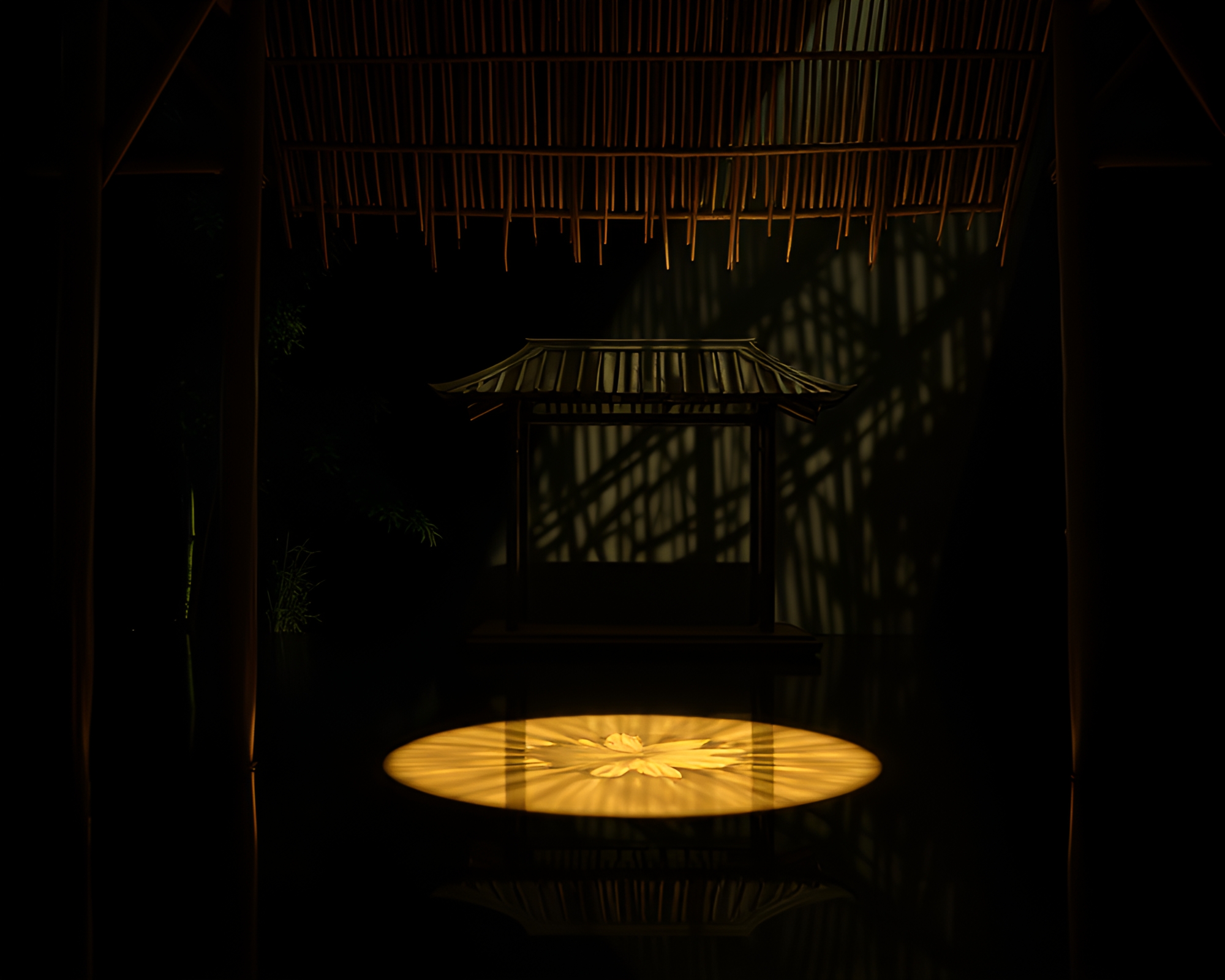 Bamboo Hut Reflection in Ethereal Spotlight Etching – free AI stock image