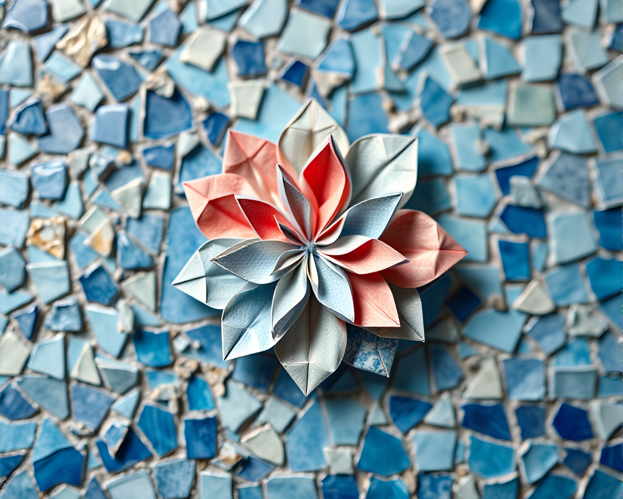 Origami Flower Mosaic in Pointillism Ocean Blues – free AI stock image