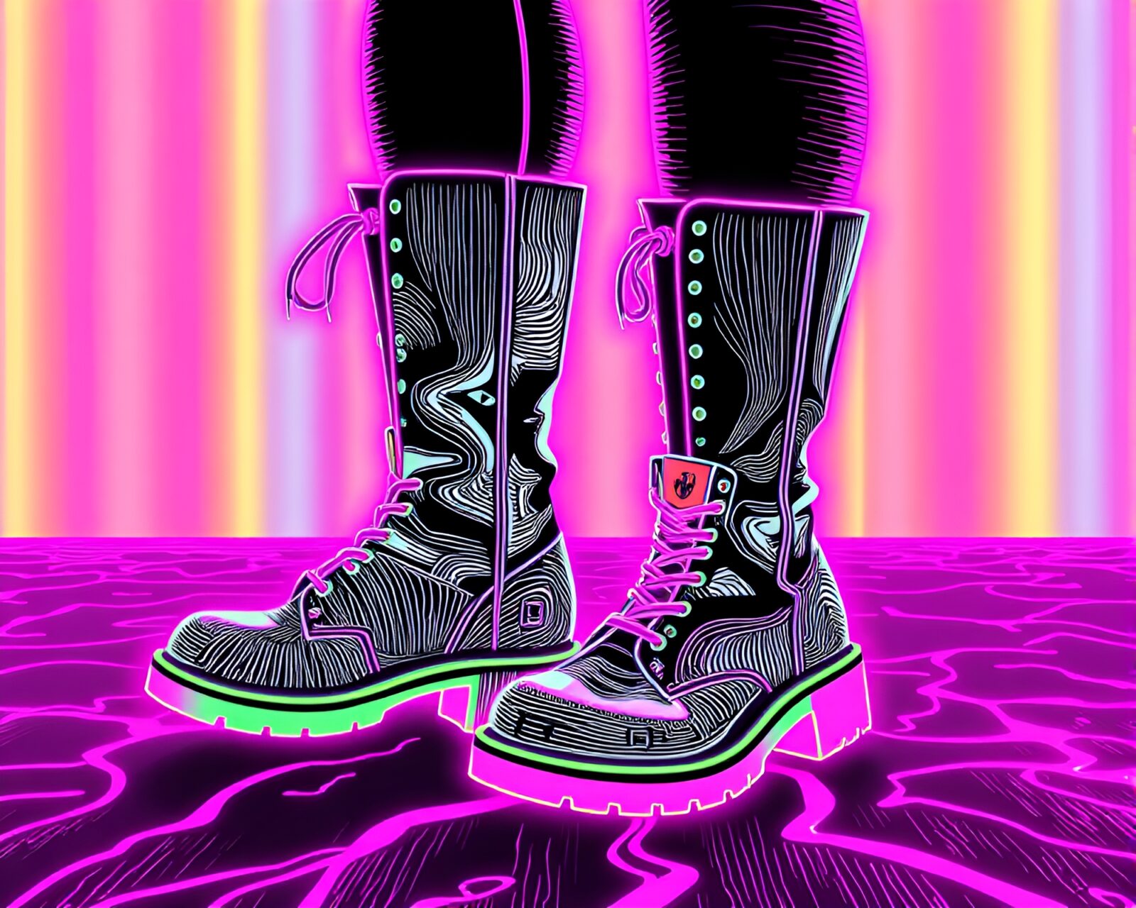 Surreal neon gradient art of gravity boots in crosshatching style