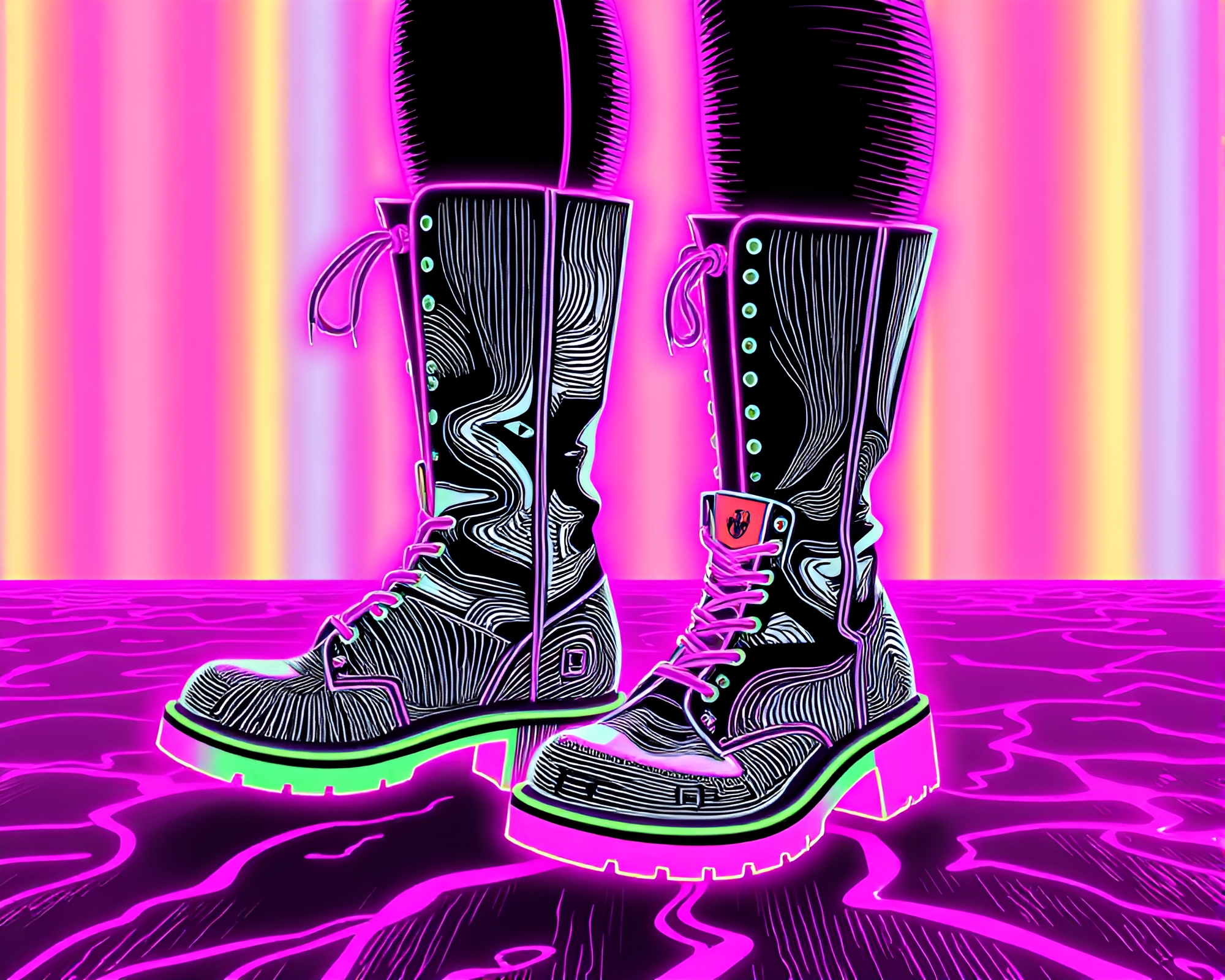 Surreal Gravity Boots in Neon Crosshatching Universe – free AI stock image