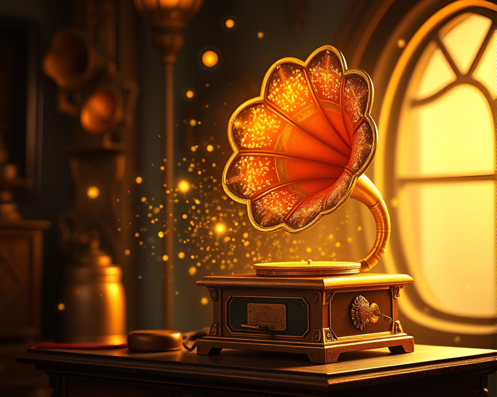 Cartoon-style gramophone glowing with fairy light sparkles