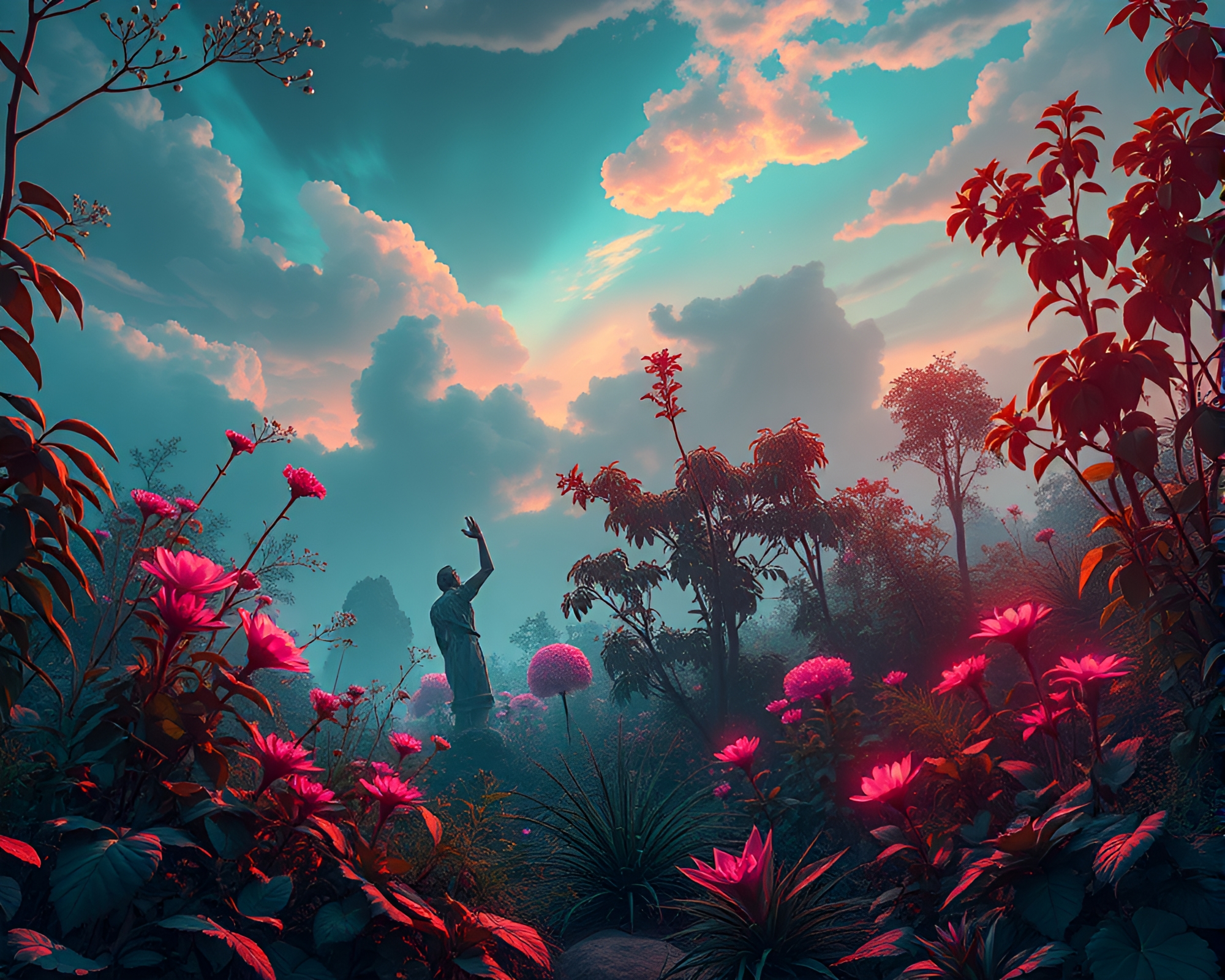 Copper Verdigris Sky Garden in Neon Anime Style – free AI stock image