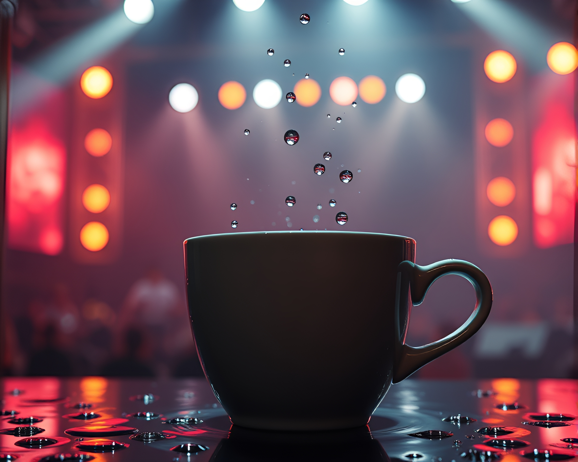 Coffee Cup Illuminated by Concert Stage Water Droplets – free AI stock image