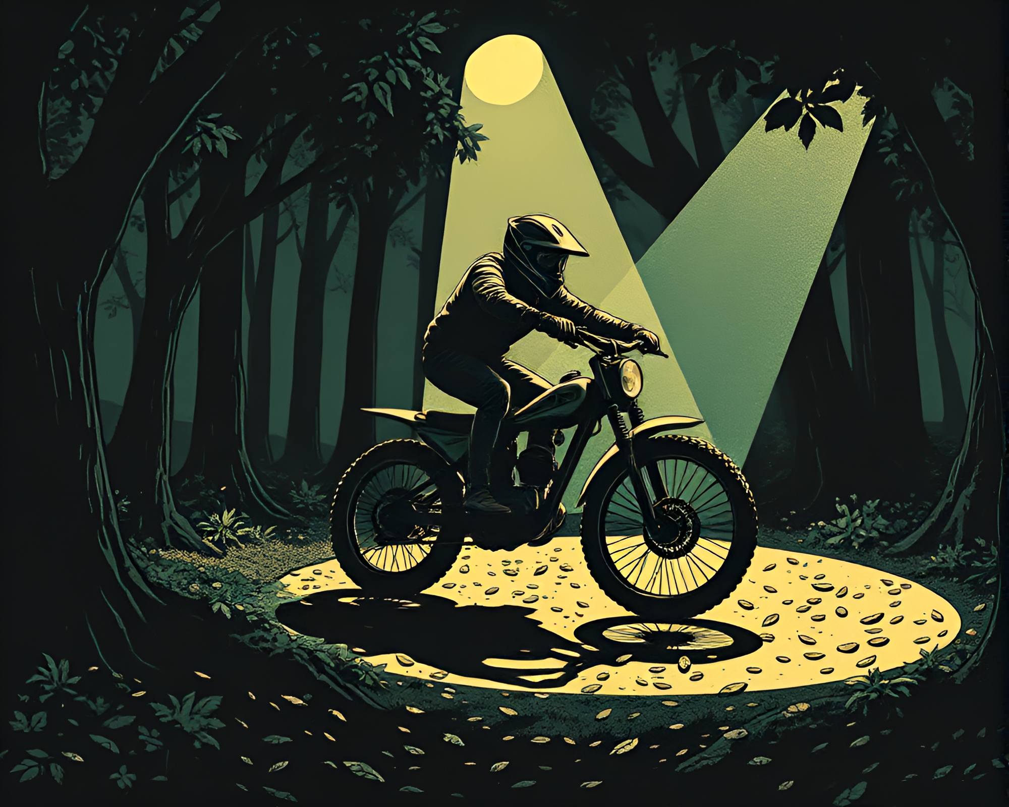 Hoverbike Rider Surrounded by Leaf Litter Spotlighted on Stage – free AI stock image