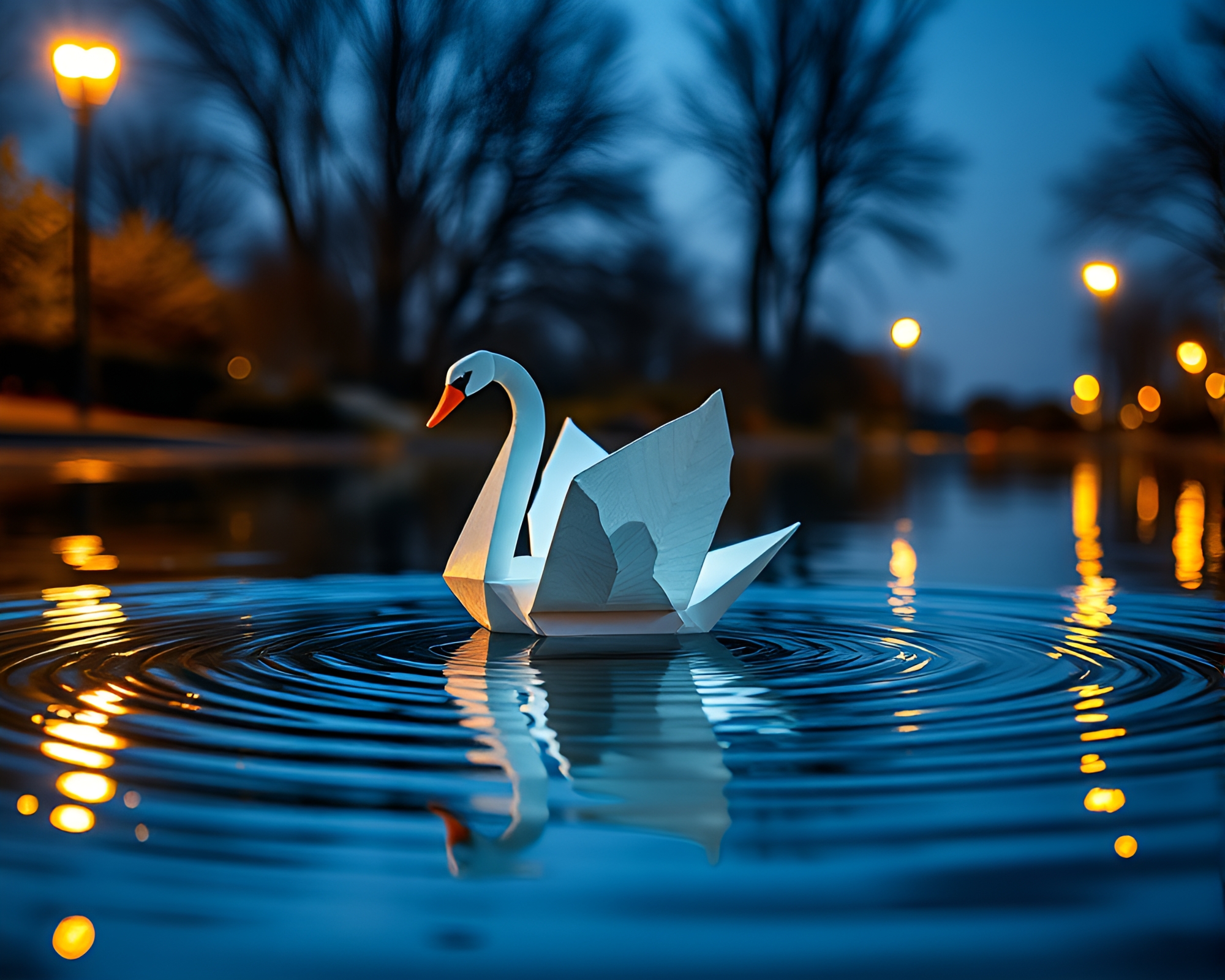Origami Swan Reflecting in Rippling Water Under Streetlamp Glow – free AI stock image