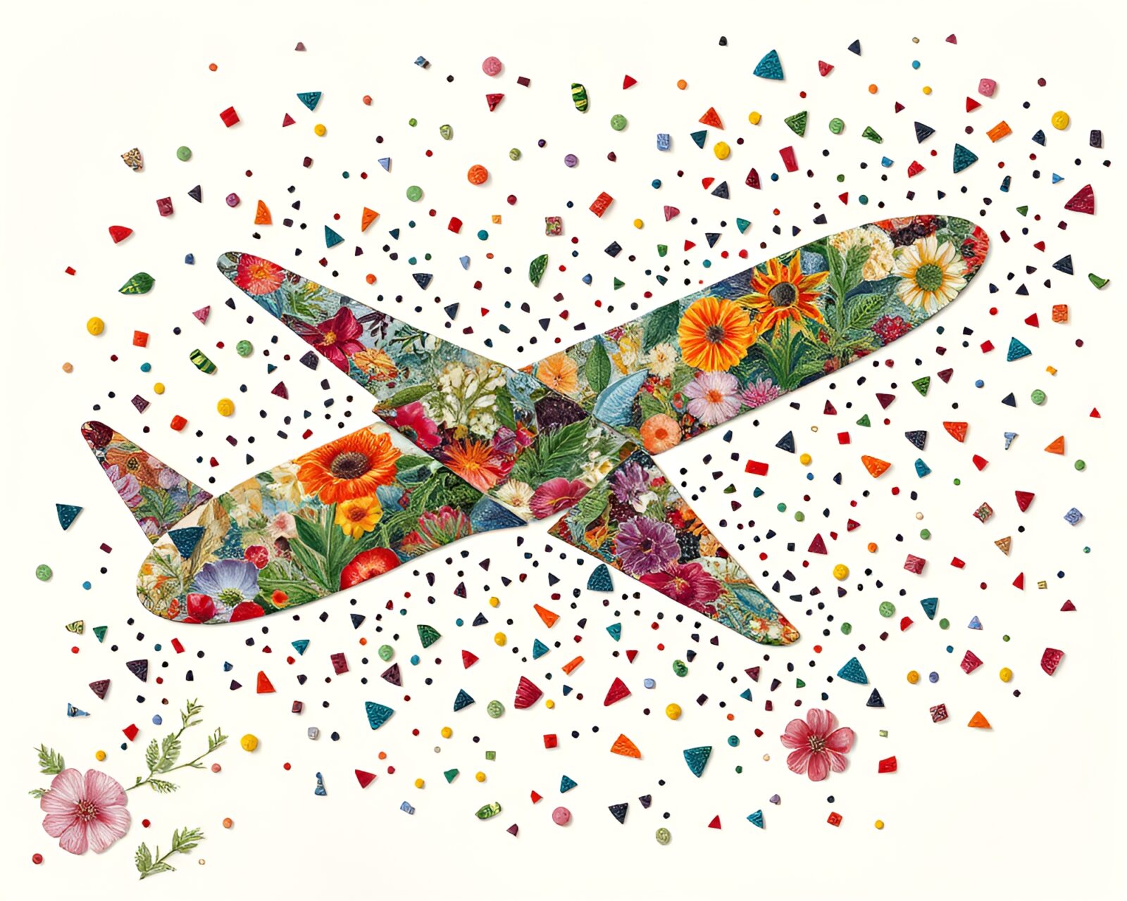 Colorful broken mosaic pieces forming an airplane in vibrant burst.