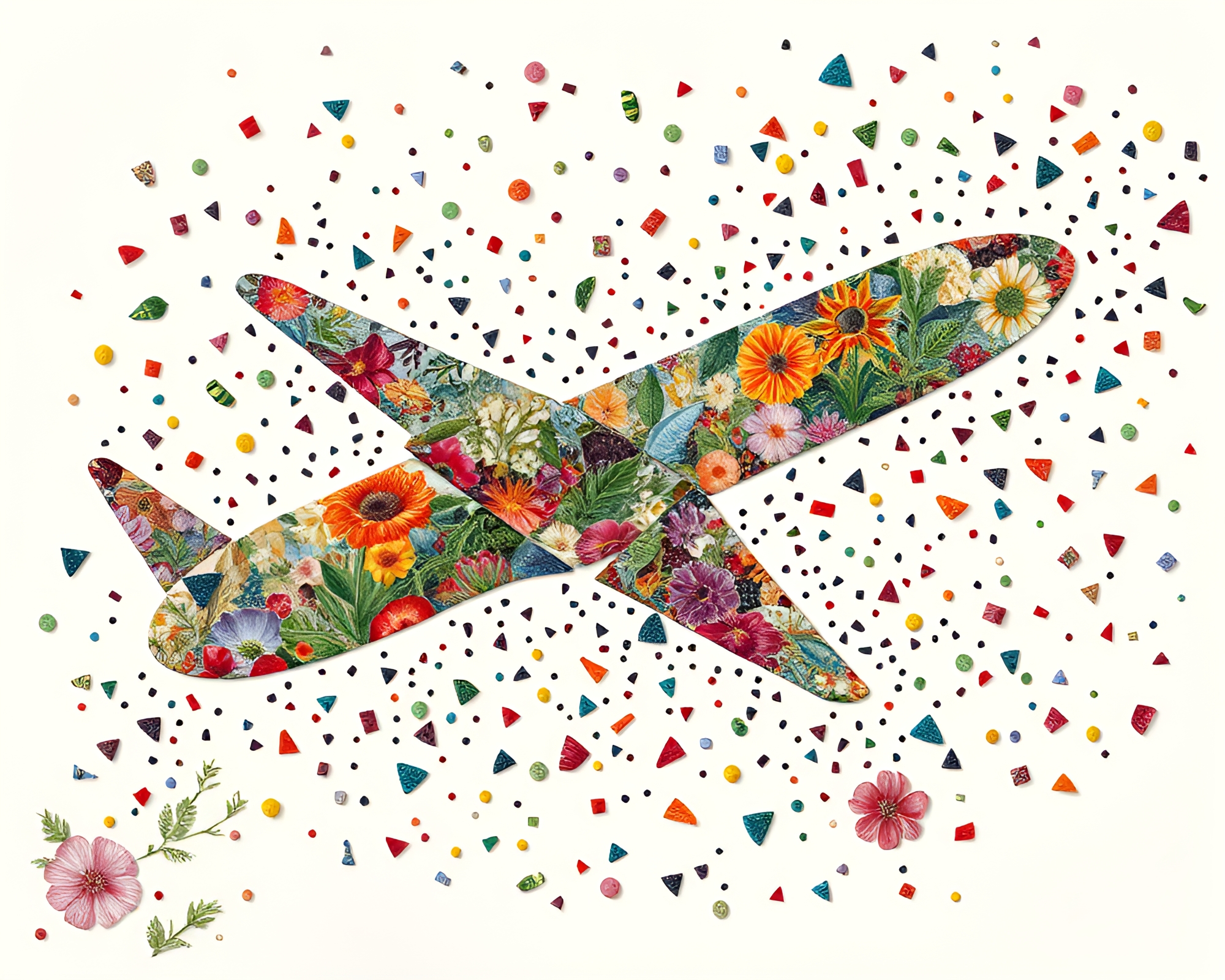 Botanical Airplane Mosaic in Confetti Burst – free AI stock image