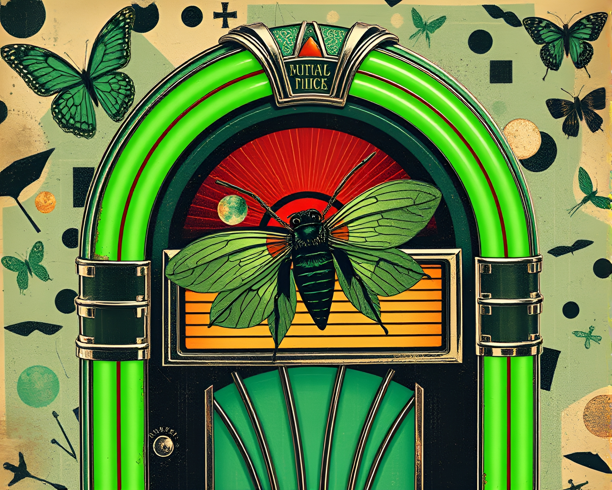 Emerald Green Jukebox Dadaist Collage – free AI stock image