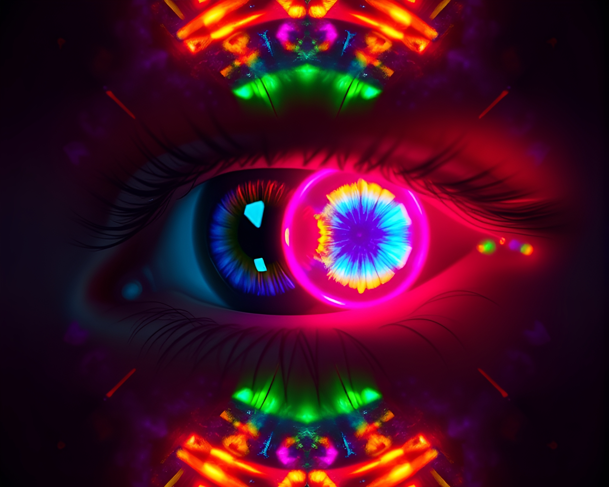 Symmetrical Neon Glow with Smart Contact Lens Hologram – free AI stock image