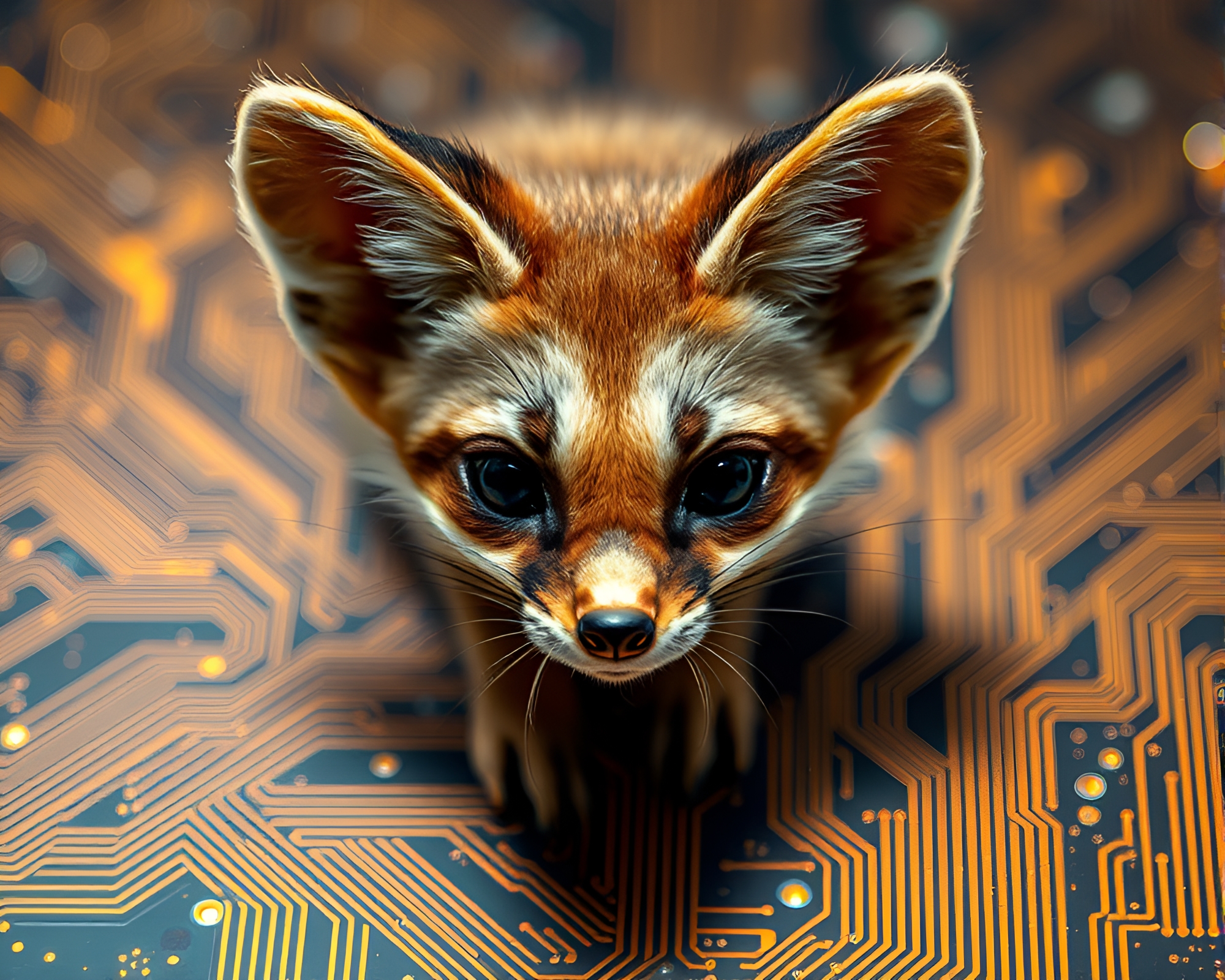 Fennec Fox Amidst Intricate Circuit Board Traces – free AI stock image