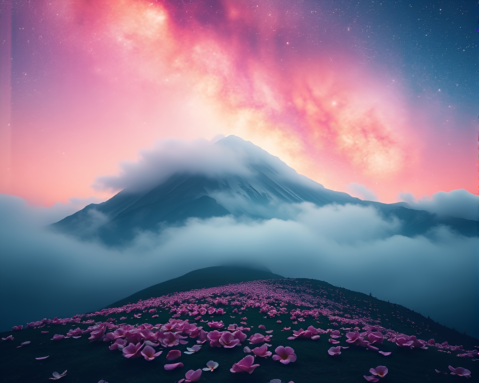 Flower Petals Drifting over Mist-Shrouded Cosmic Mountain – free AI stock image