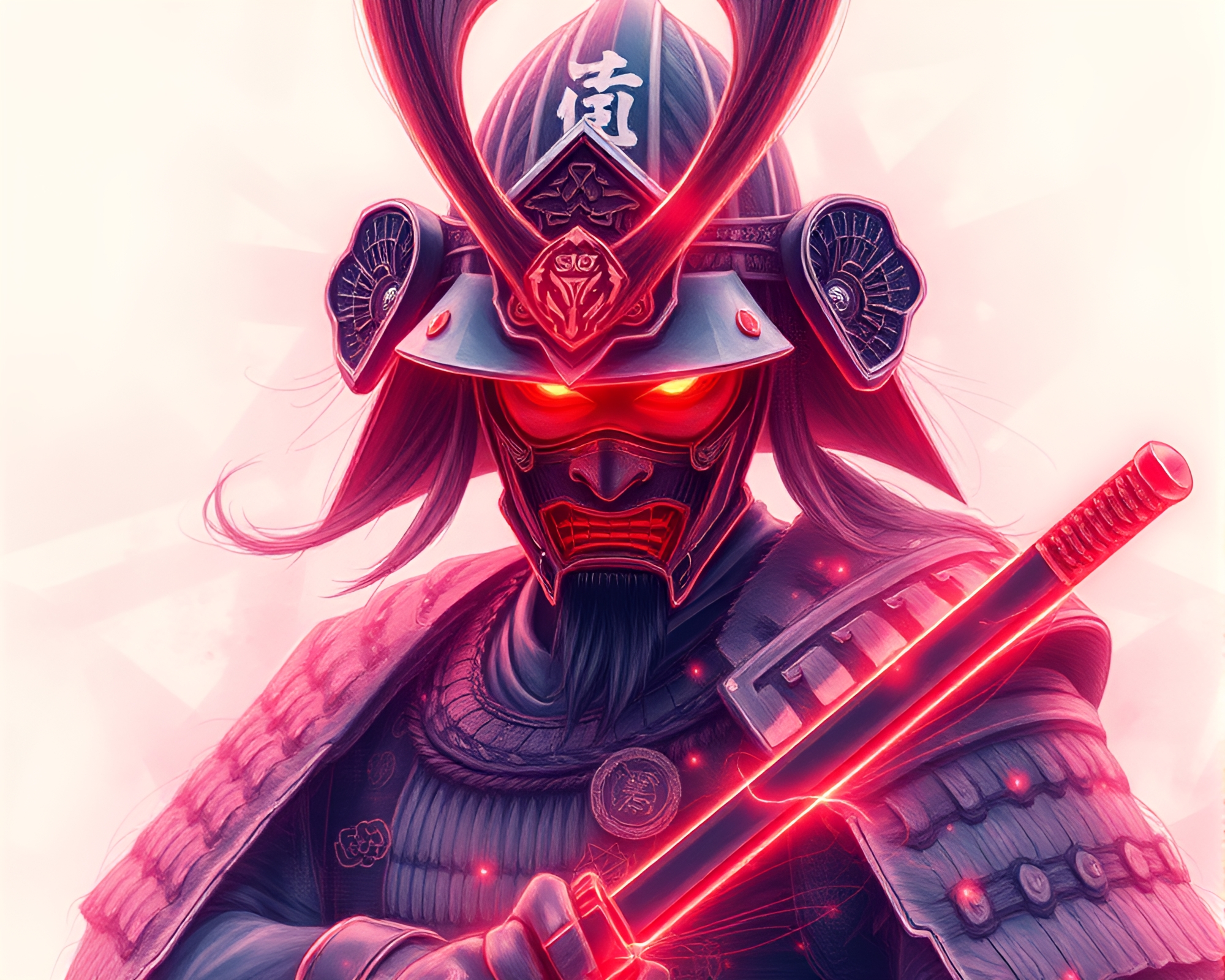Peachy Glow Samurai Warrior in Fiber Optic World – free AI stock image