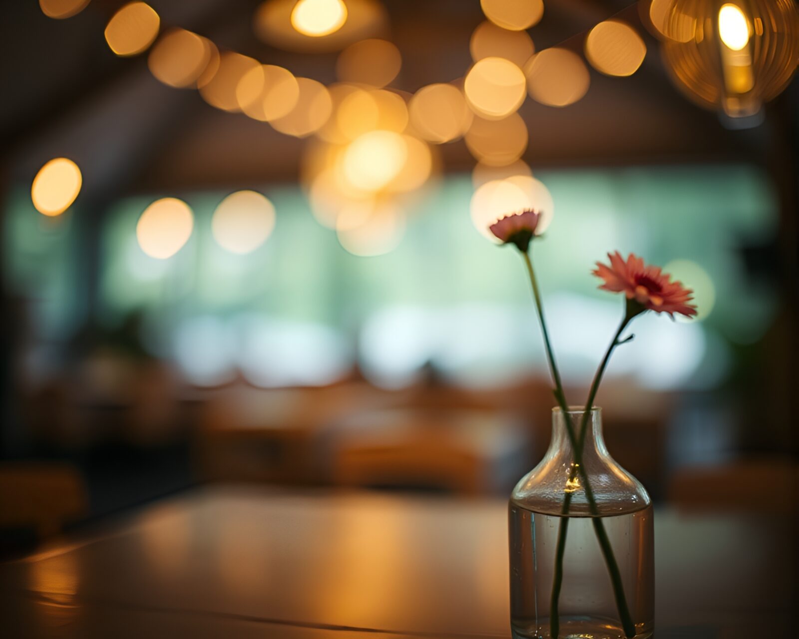 Darkened room with glowing vase in focus and blurred lights