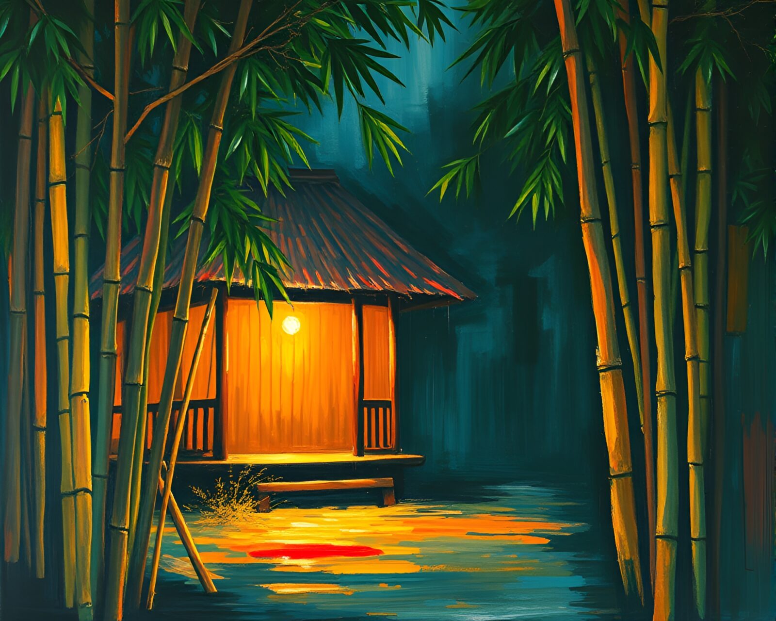 Vibrant expressionist painting of a bamboo hut with CRT flicker