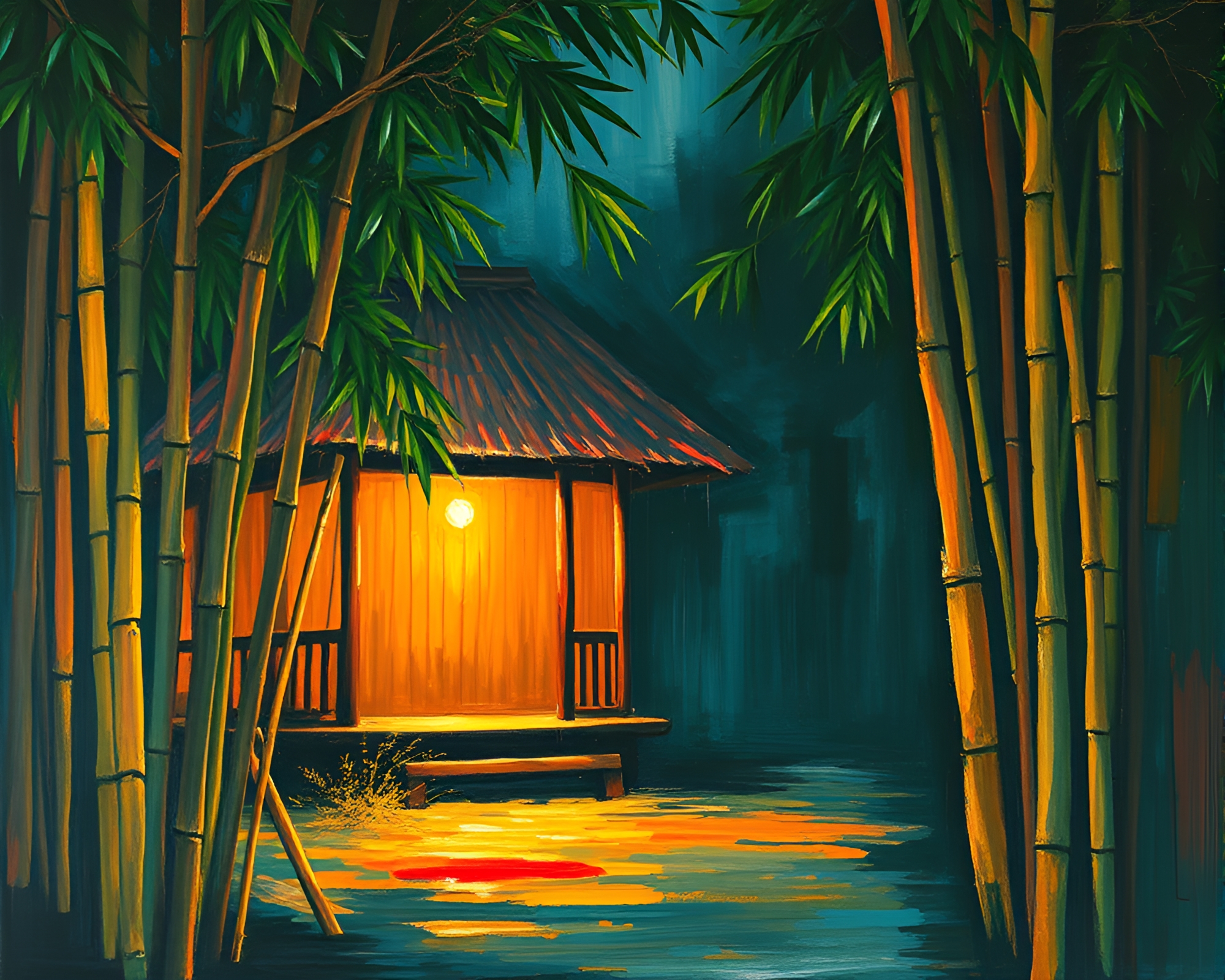 Bamboo Hut in Expressive Layered Composition – free AI stock image