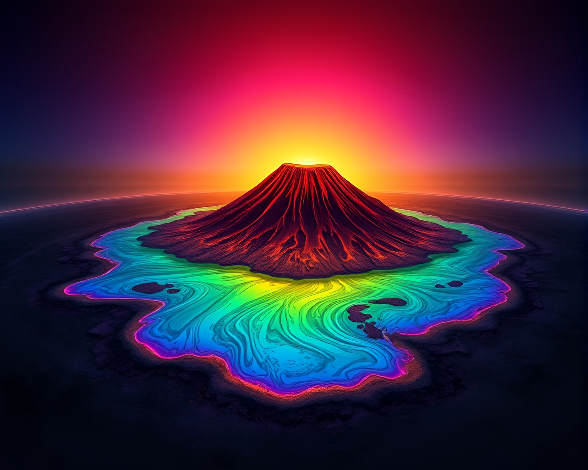 Mystical Volcanic Island with Oil Slick Rainbow Hologram – free AI stock image