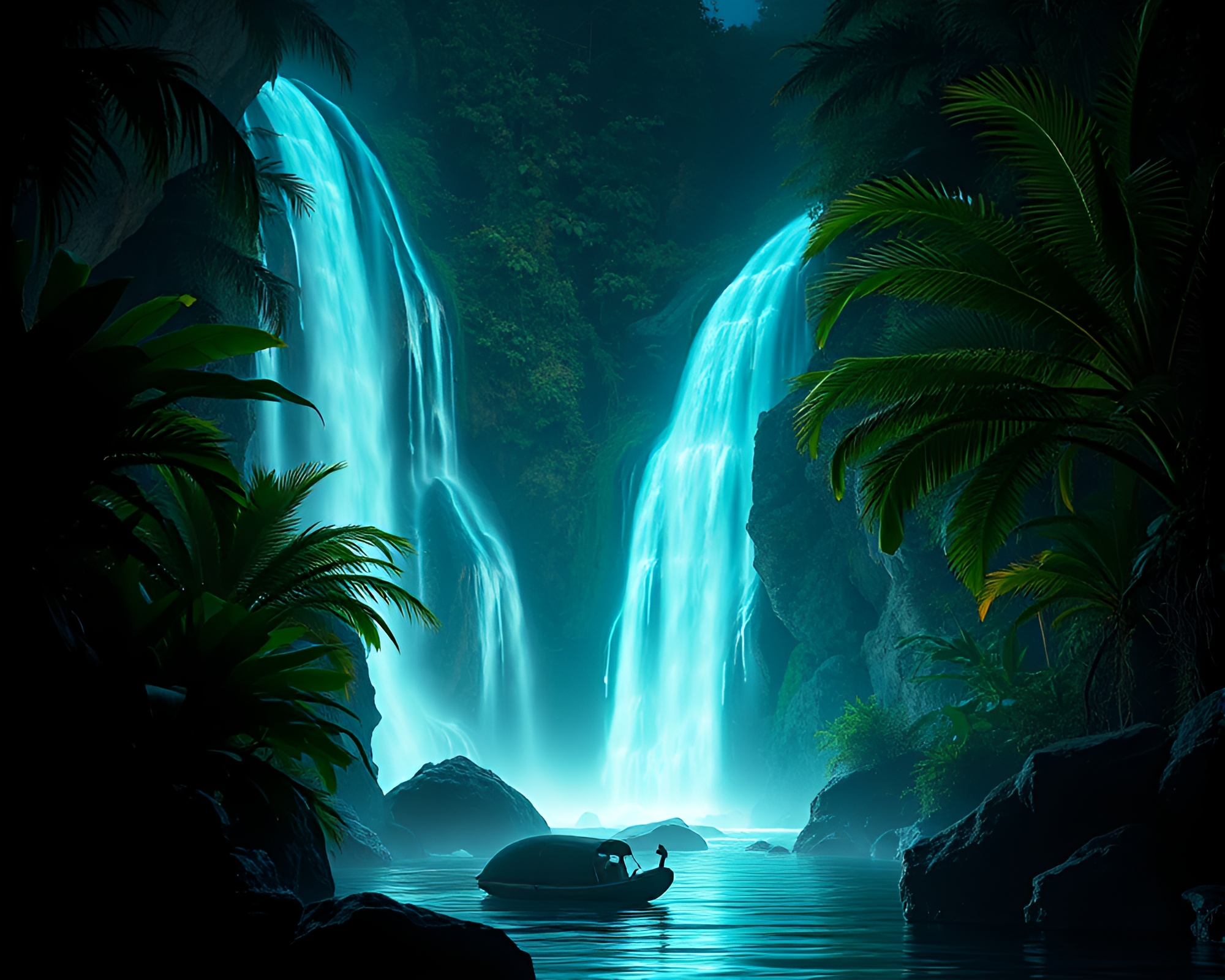 Enchanting Tropical Waterfall With Glow-In-The-Dark Flora – free AI stock image
