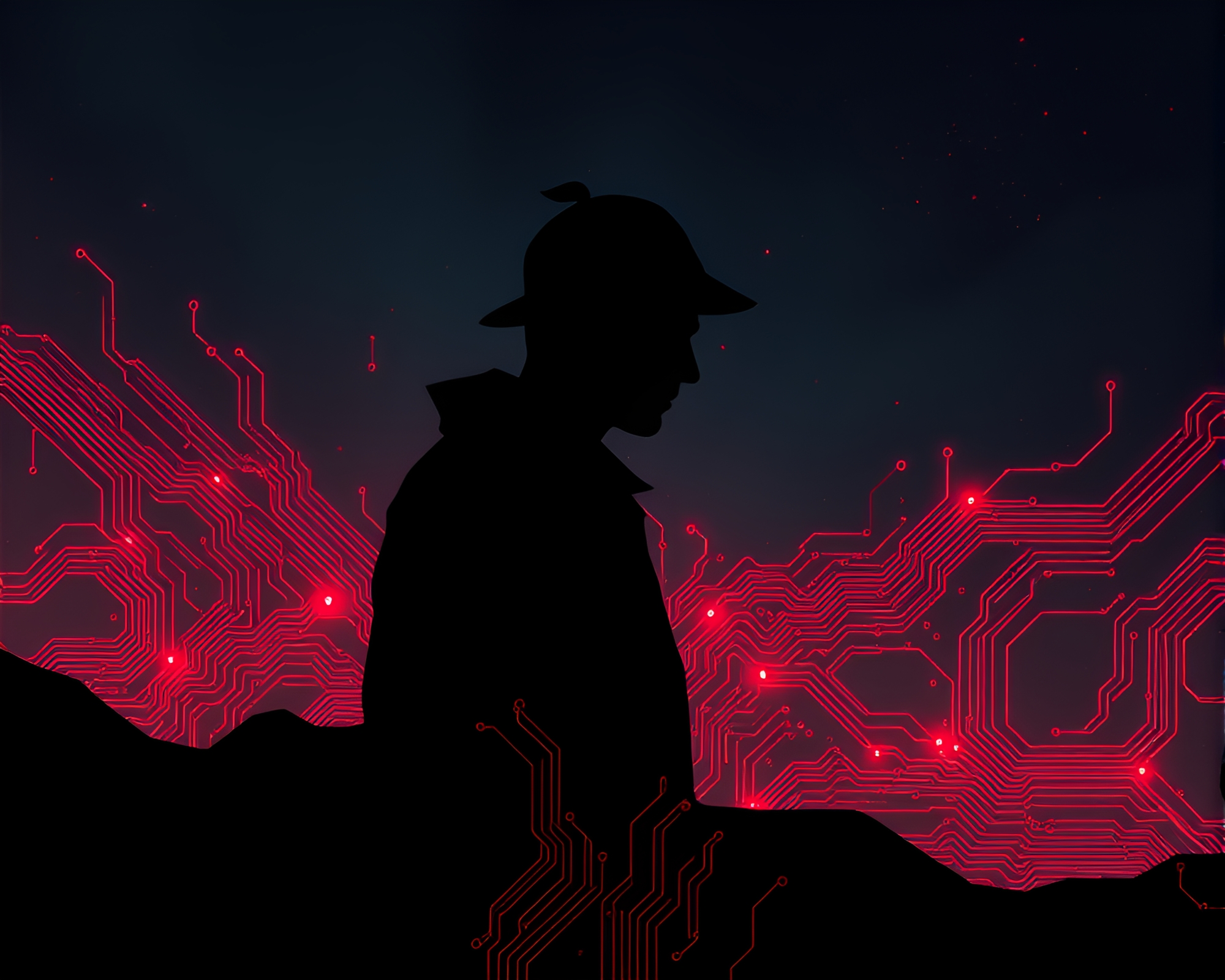 Sherlock Holmes in Volcano-Red Glow Circuit Board – free AI stock image