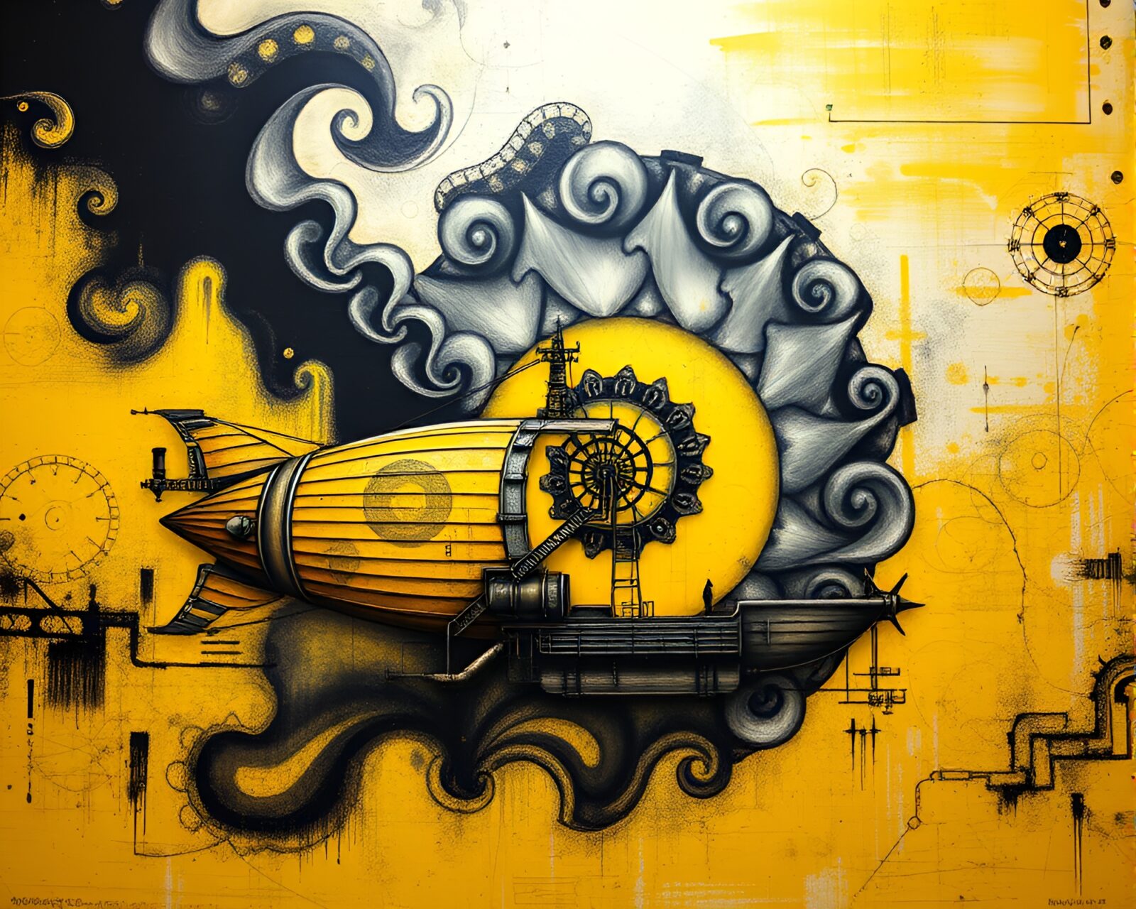 Monochrome yellow mural of detailed steampunk airship spiraling