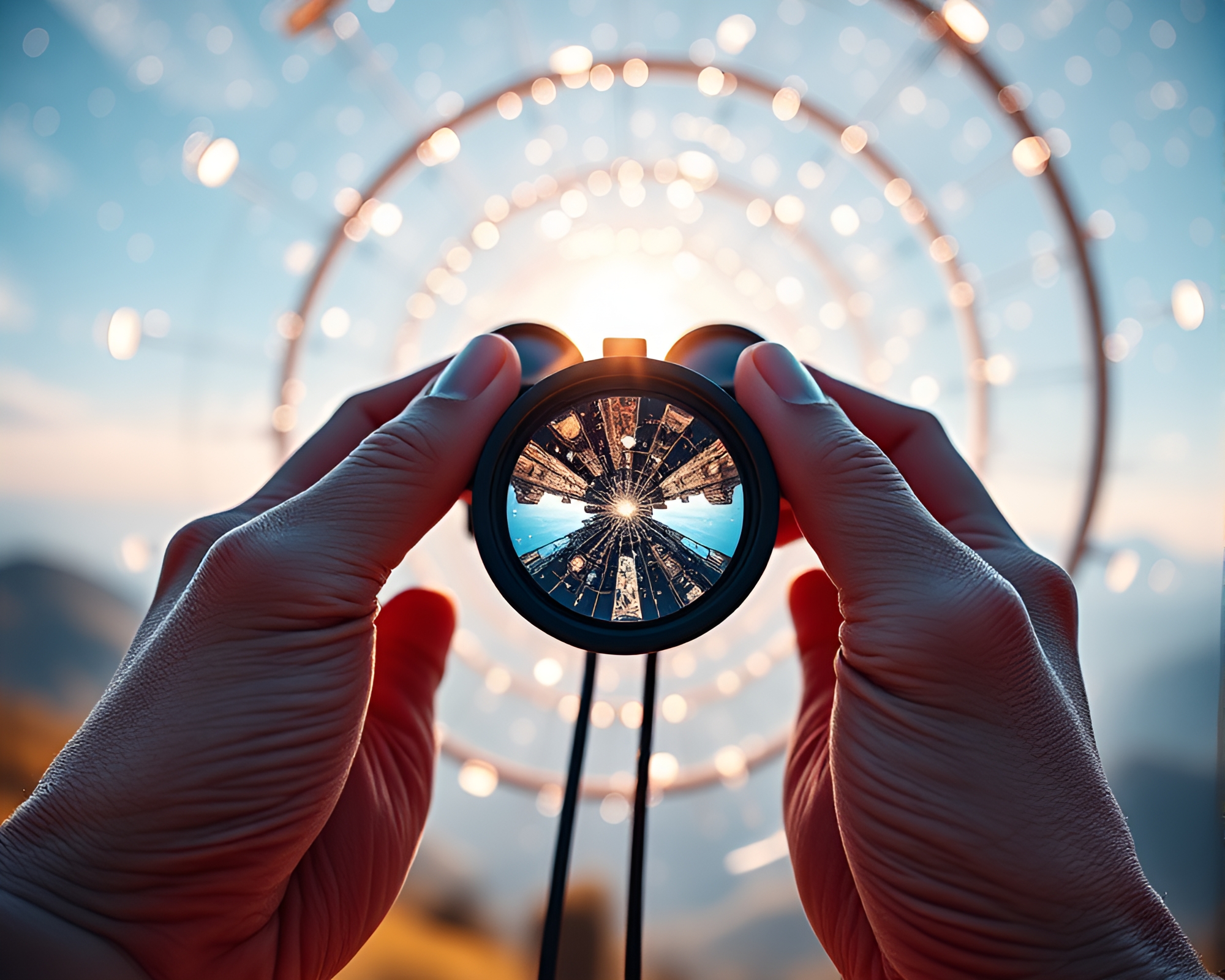 Binoculars Lens Through Fibonacci Spiral: Utopian Clarity Vision – free AI stock image