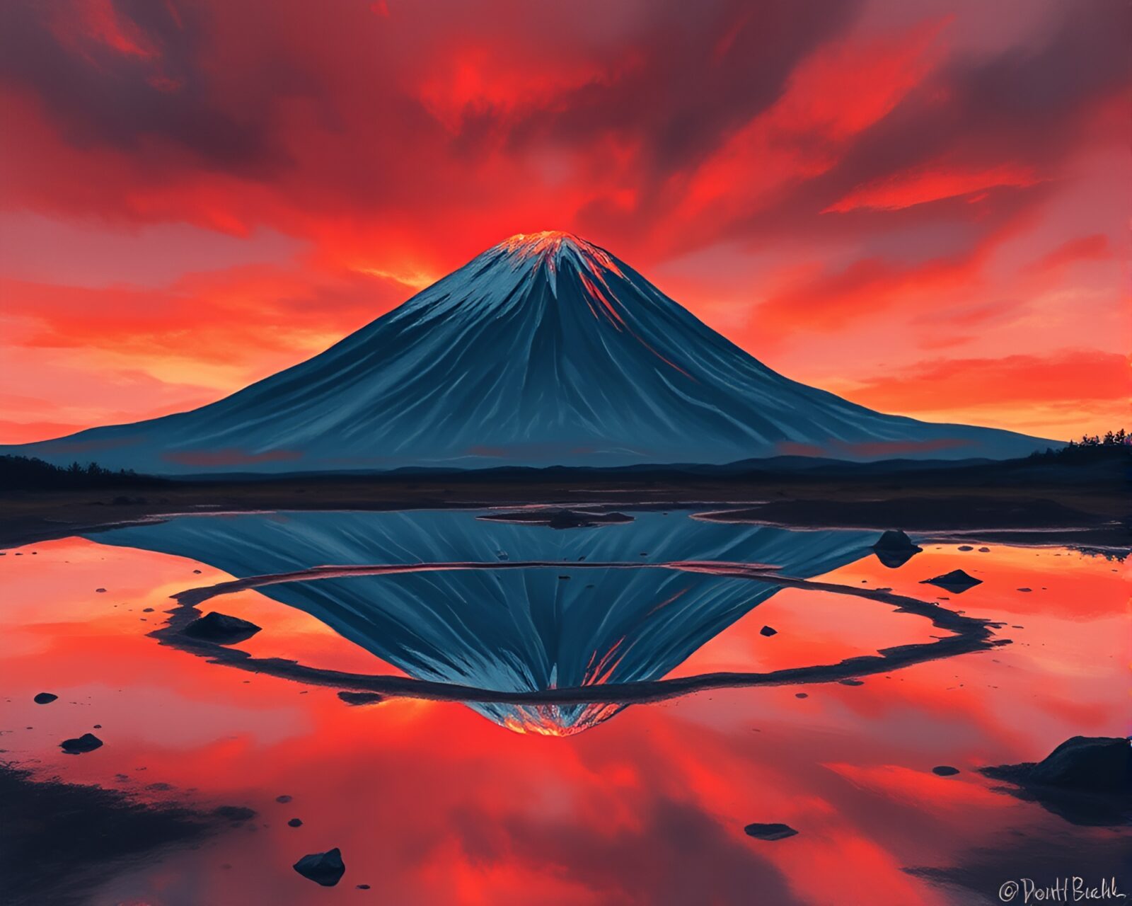 Gouache painting of falcon reflecting in volcano-red glowing puddle