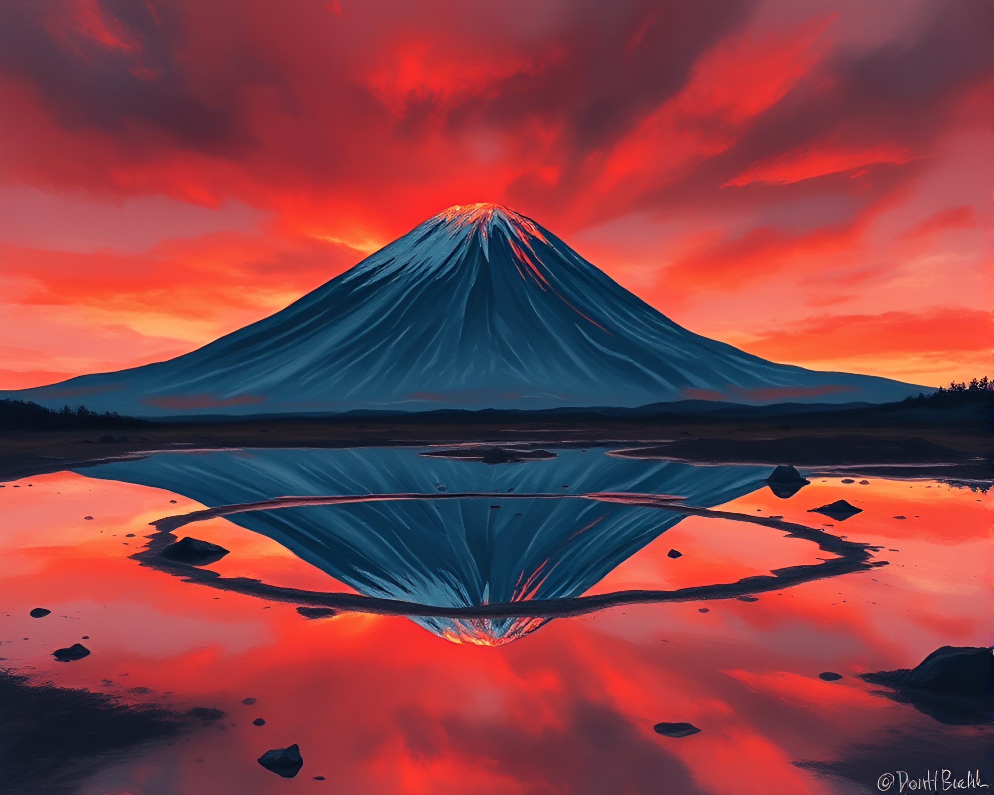 Falcon Reflection in Fiery Volcano Puddle Gouache Painting – free AI stock image