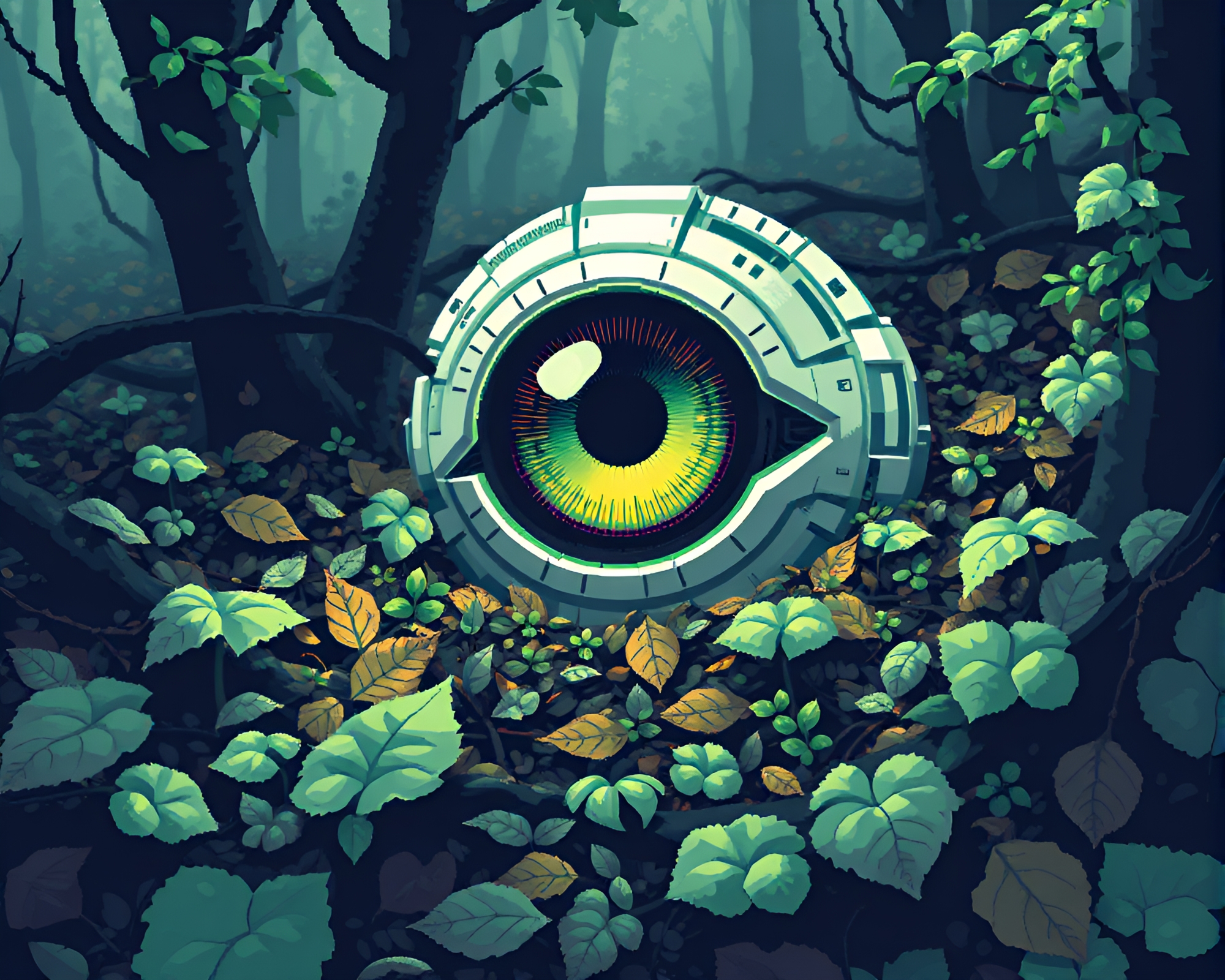 Cybernetic Eye in 8-Bit Leaf Litter World – free AI stock image