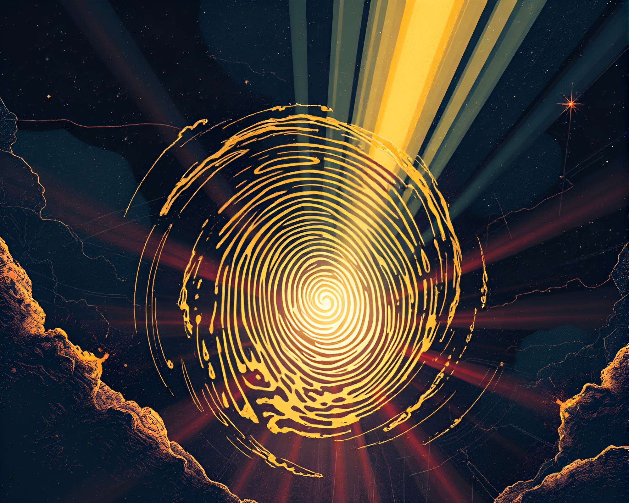 Fingerprint Swirl in Cosmic Horror Sunbeam Illumination – free AI stock image