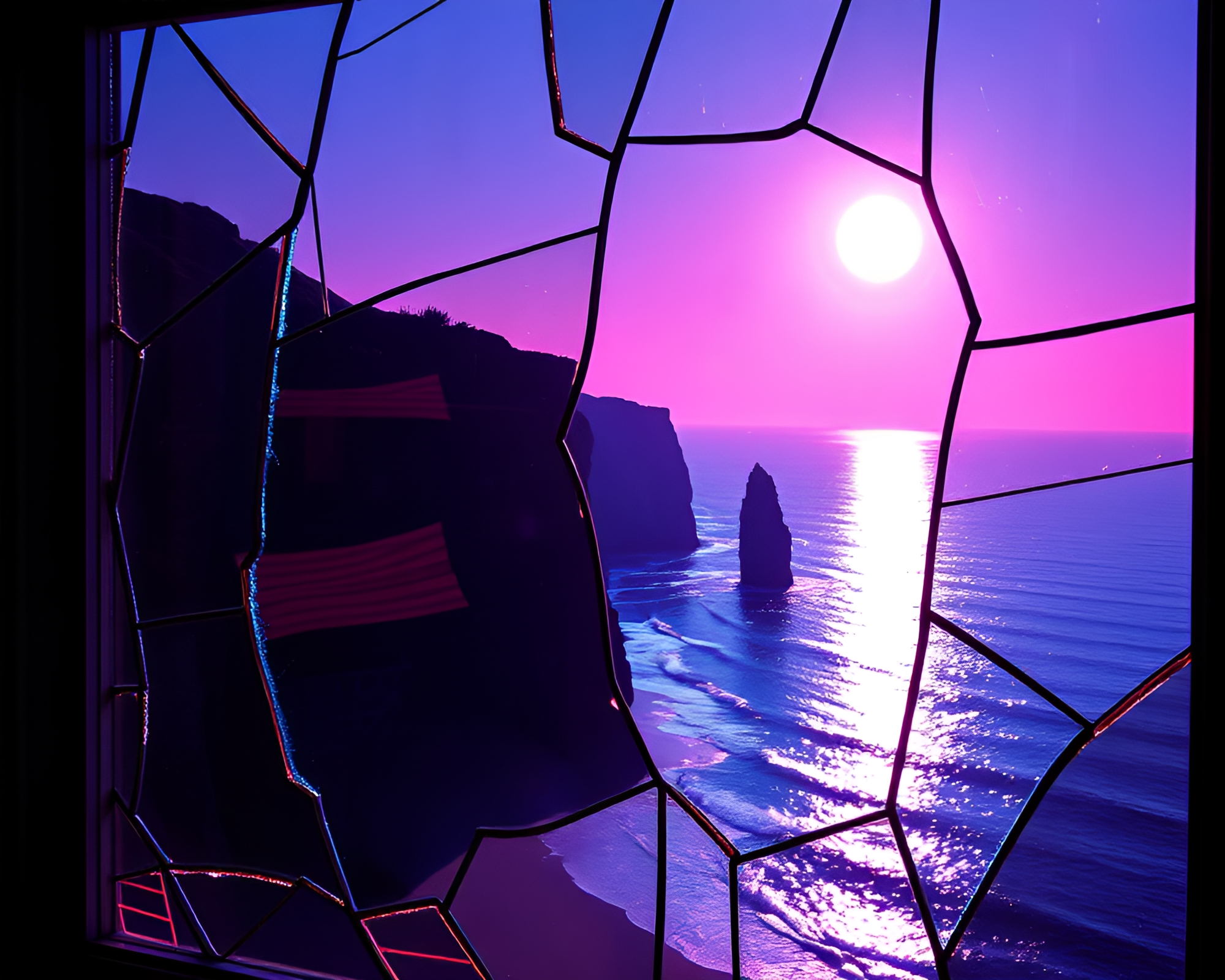Shattered Stained-Glass Synthwave Reflection – free AI stock image
