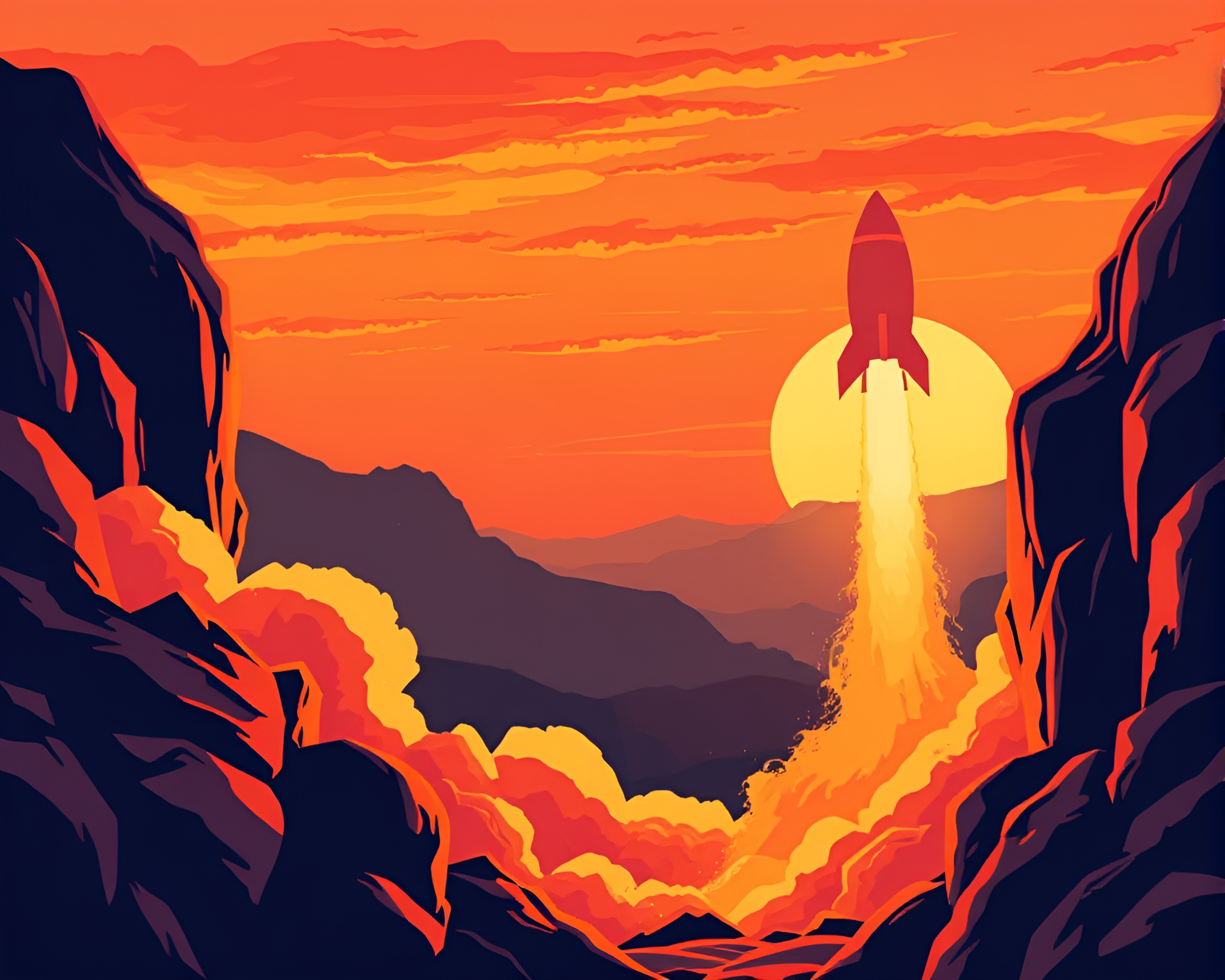 Rocket soaring in warm lithographic sunset sky – free AI stock image