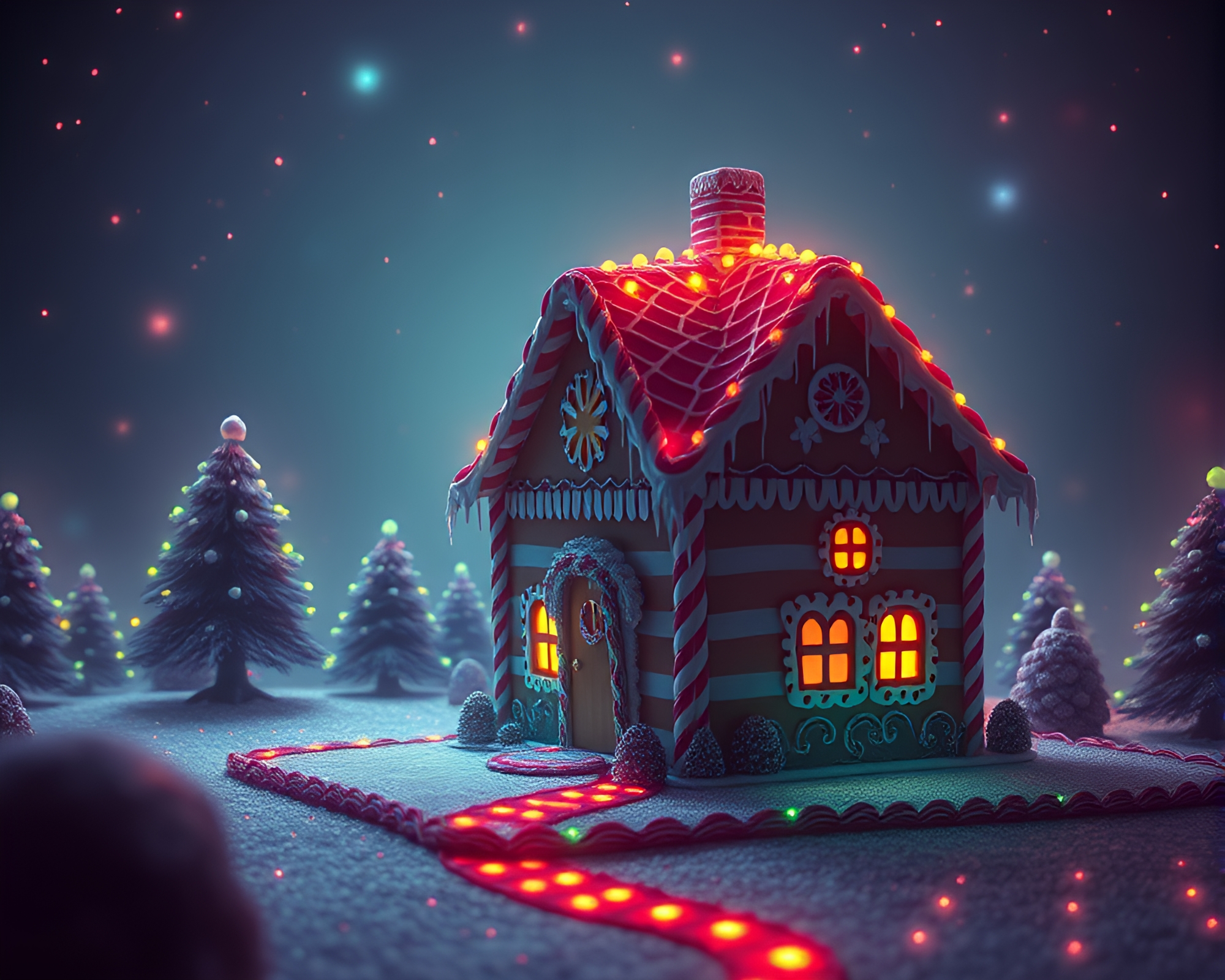 Pop Art Gingerbread House Striped Twilight Haze – free AI stock image