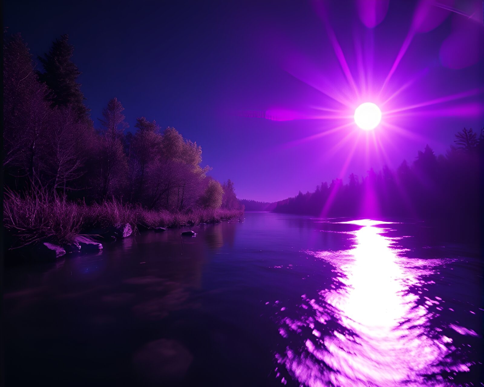 Mystical purple-toned river under duochrome lens flare at twilight