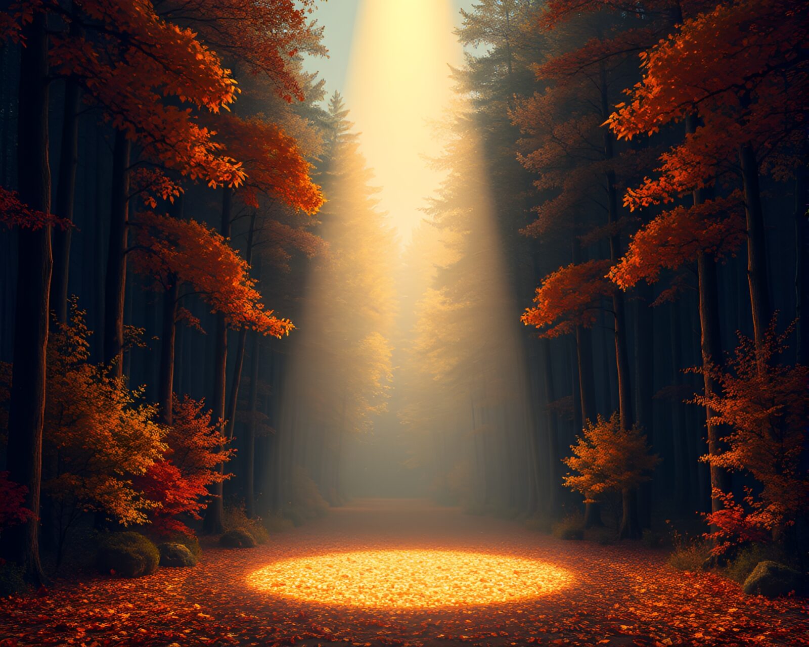 Golden hues in a spotlight on a fall forest