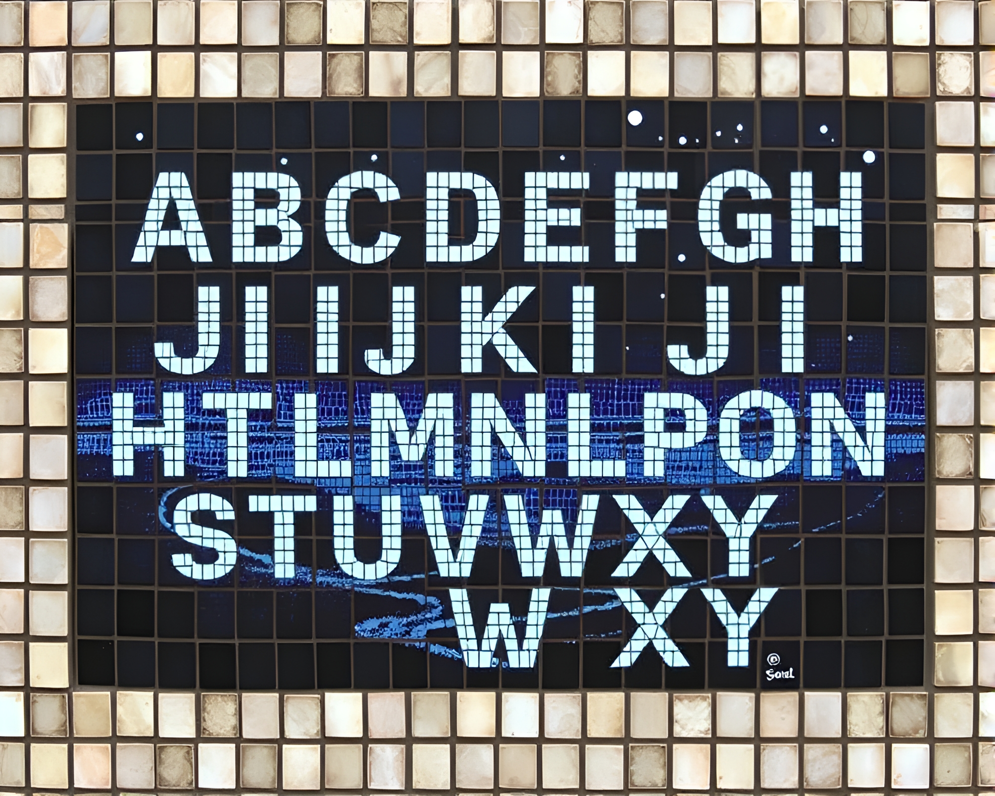 Runic Alphabet Tiled Mosaic Landscape Etching – free AI stock image