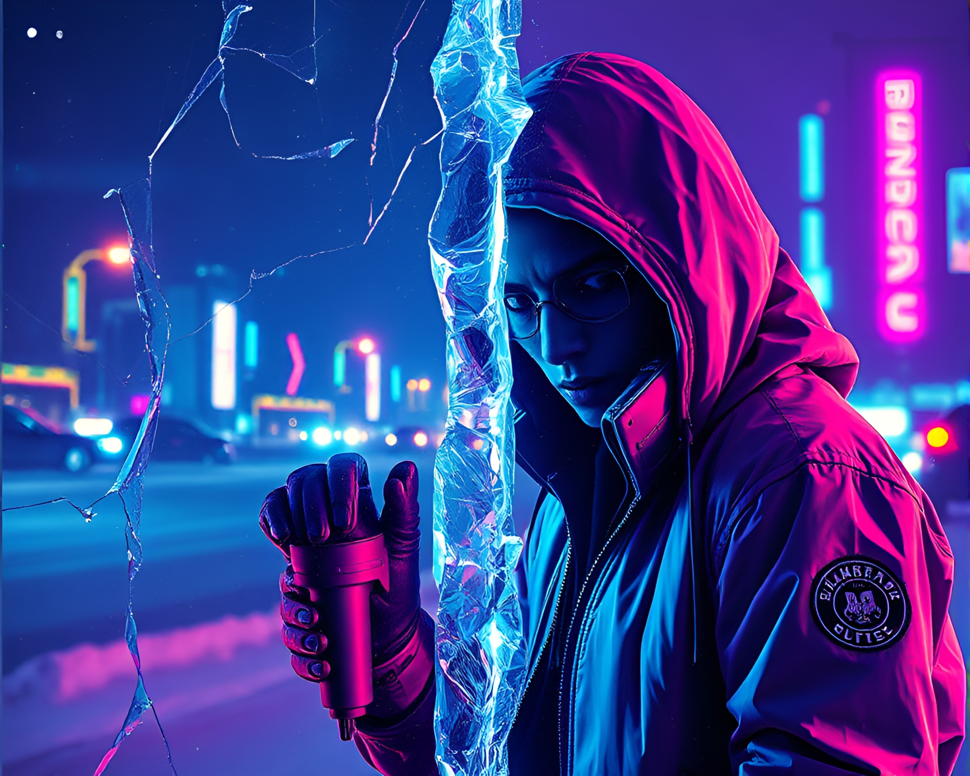 Cyberpunk Vigilante on Ice Reflection Crack – free AI stock image