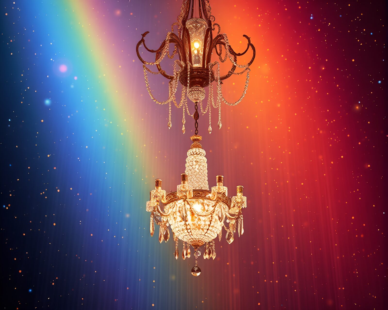 Photorealistic image of an otherworldly crystal chandelier with cosmic hues
