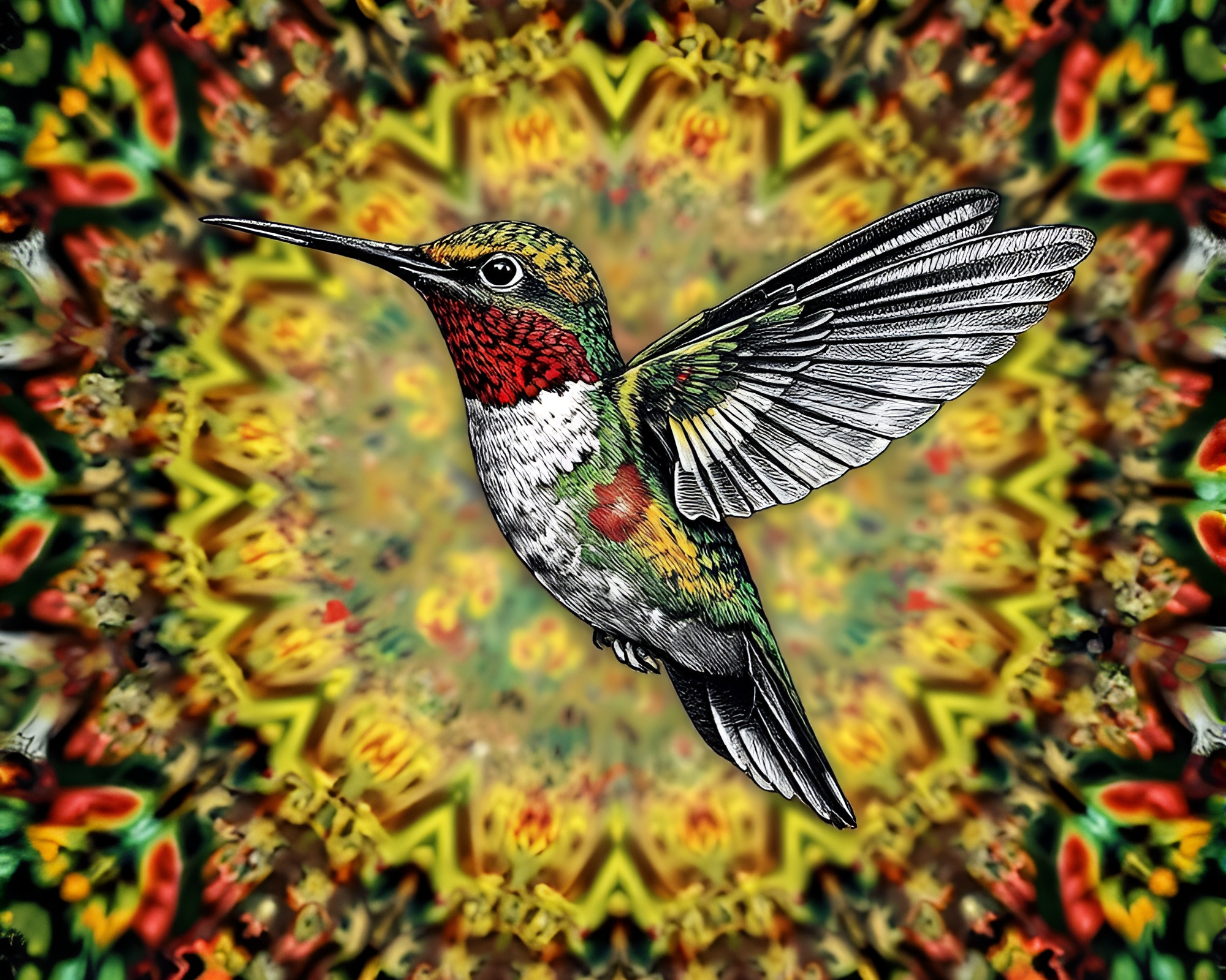 Lichen-Textured Hummingbird in Kaleidoscope Ethcing – free AI stock image