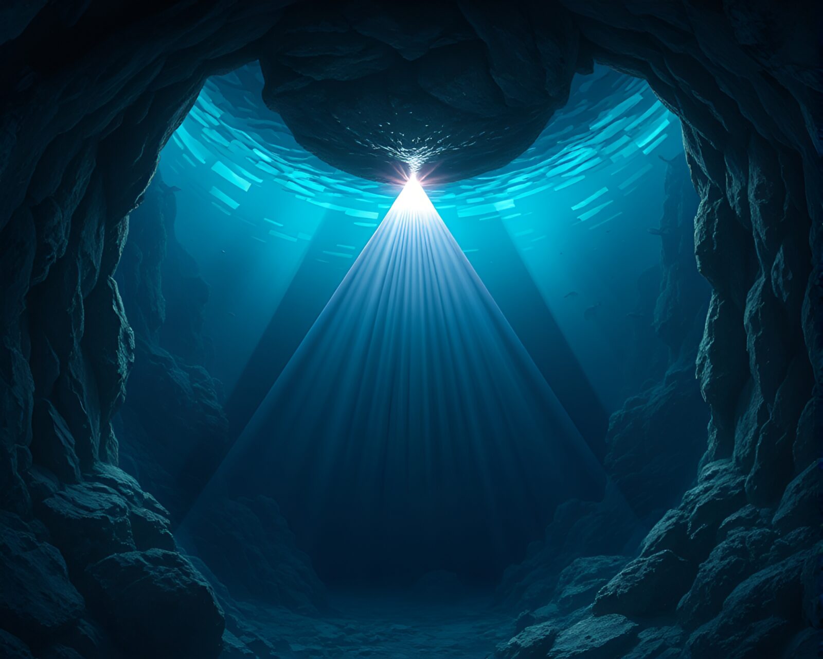 Glamorous model in underwater cave with prism refractions