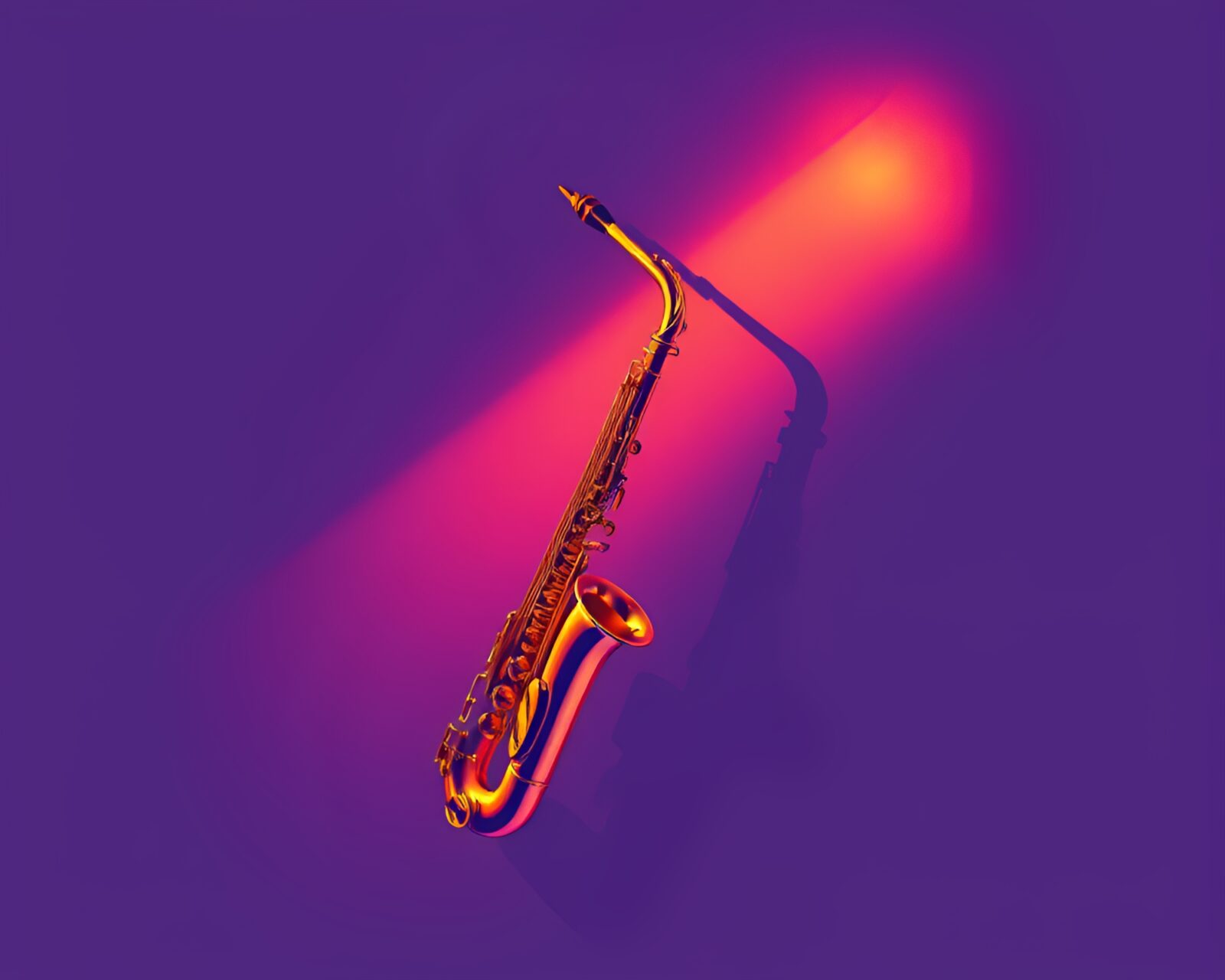 Illustration of a saxophonist casting stencil shadow under aurora sky