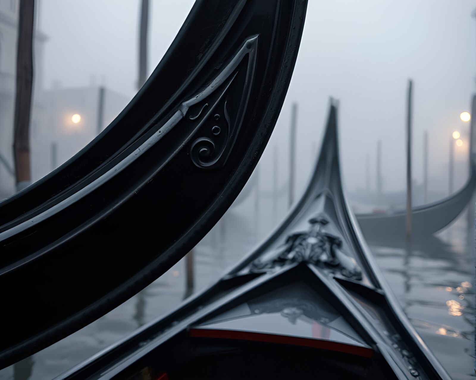 Ornate gondola surrounded by misty low light on waterway