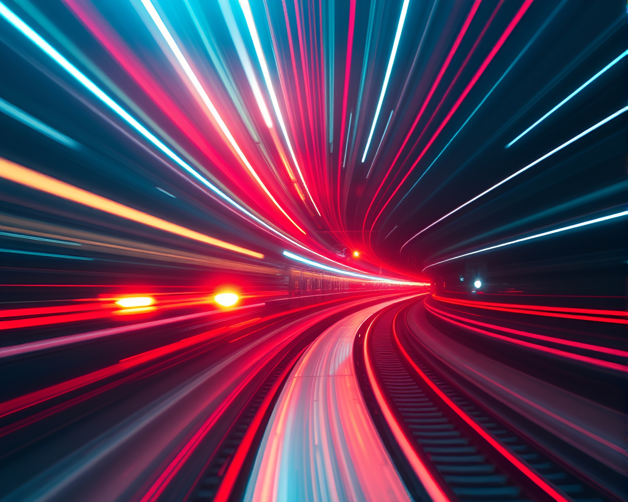 Futuristic Train Light Trails with Plasma Rifle Hologram – free AI stock image