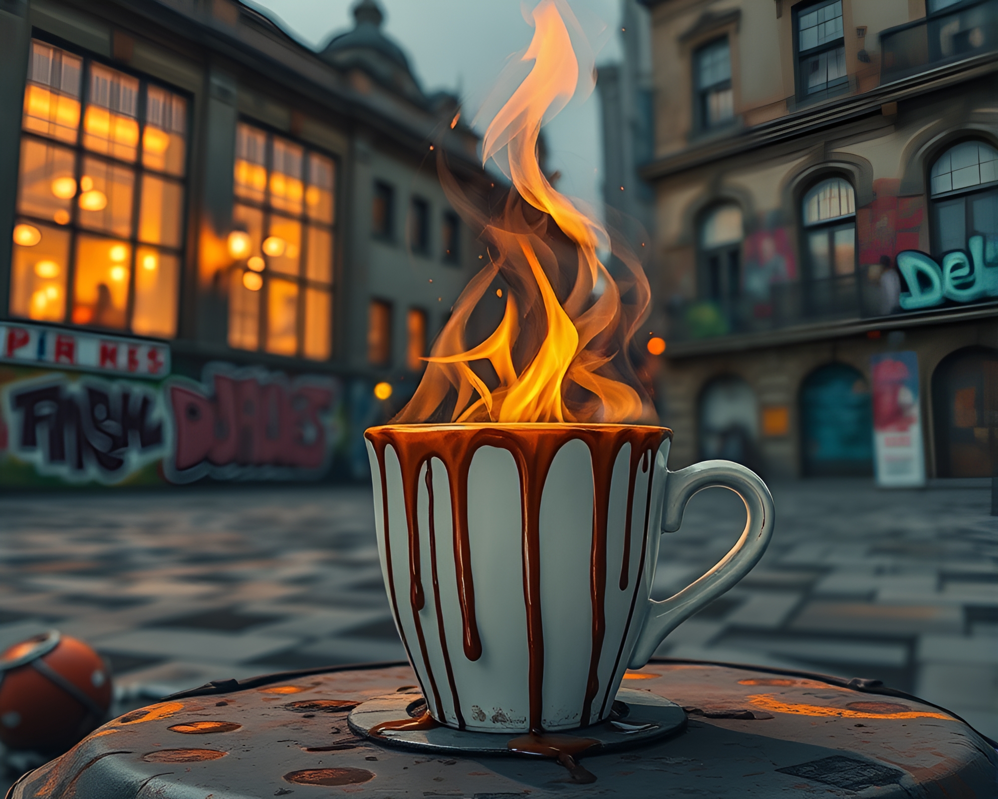 Graffiti Drips Coffee Cup Bonfire Architectural Glow – free AI stock image