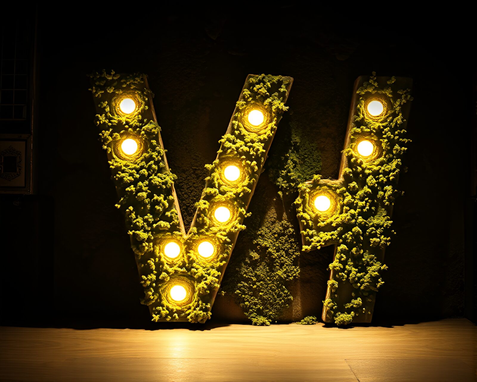 Vibrant pop art scene with lichen textured letter under dramatic lighting