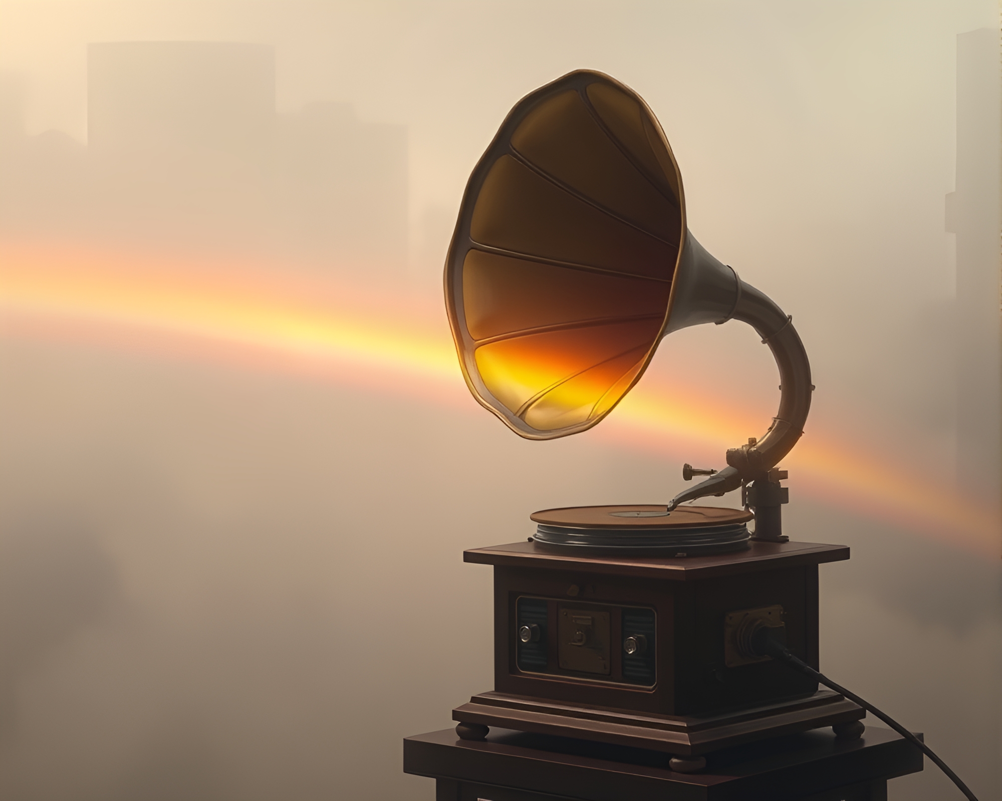 Steampunk Gramophone Refracting Rainbow in Foggy Atmosphere – free AI stock image