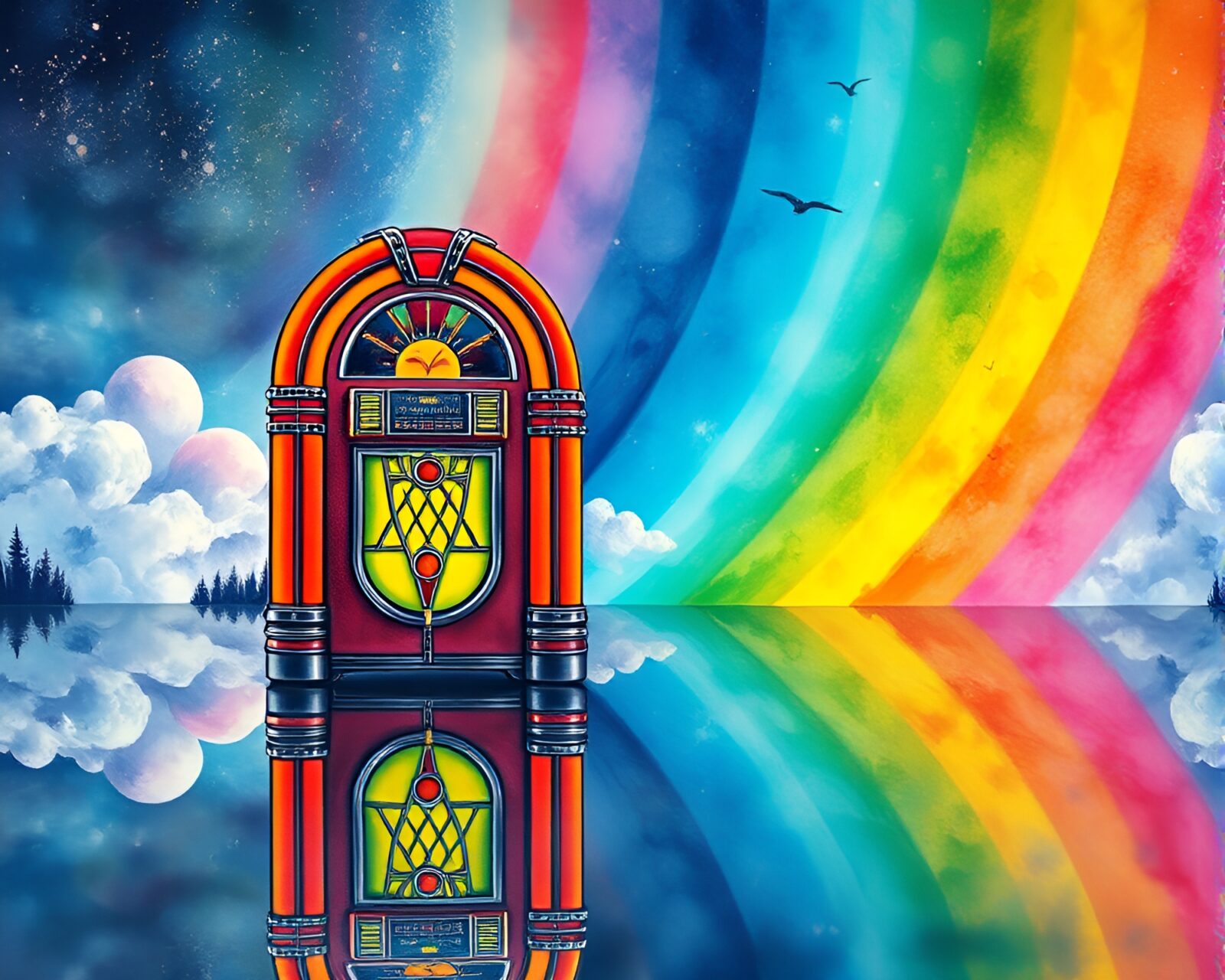 Colorful cosmic rainbow reflecting off vintage jukebox in watercolor