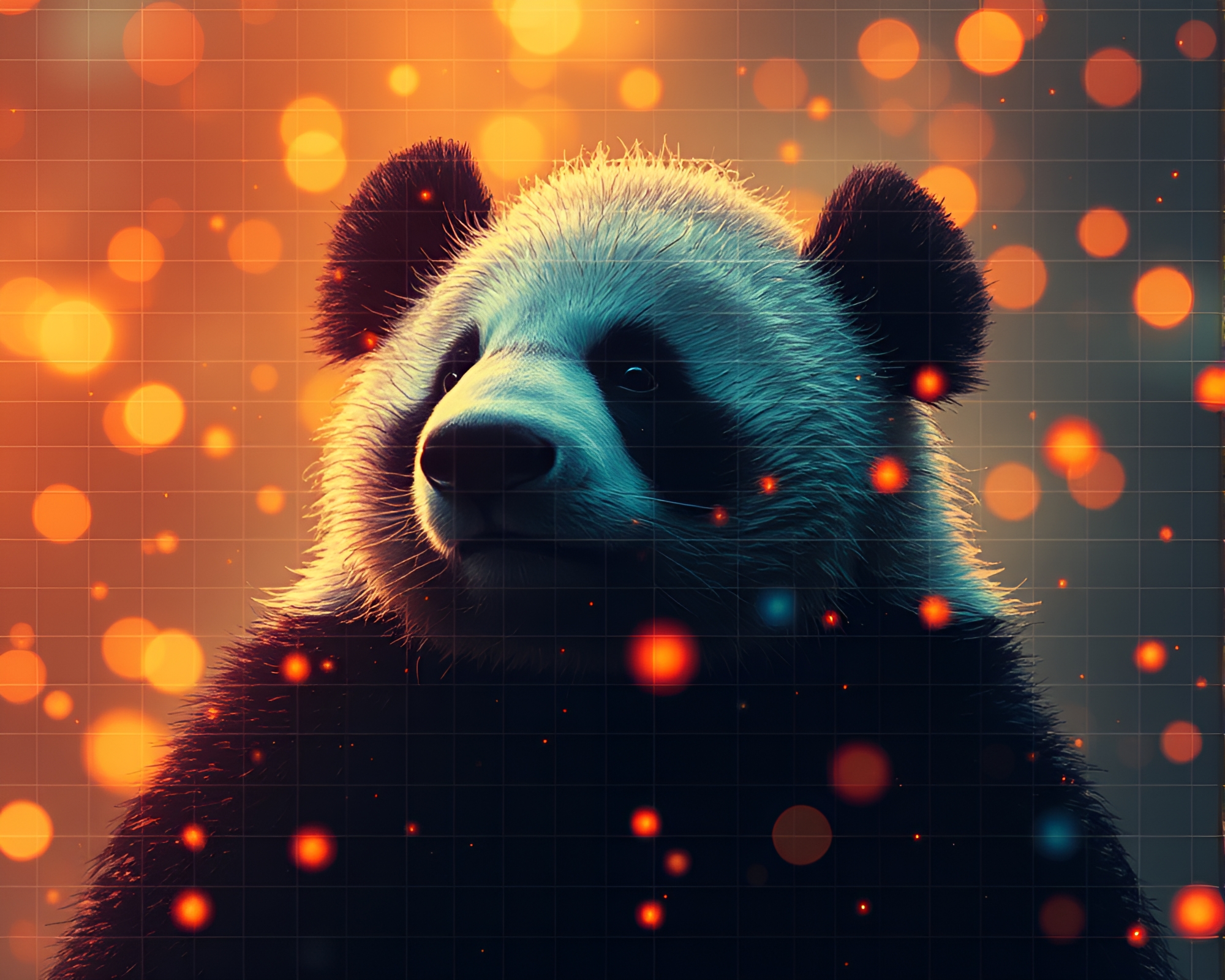 Panda Grid Glow: 90s Grunge Firefly Night Hunt – free AI stock image