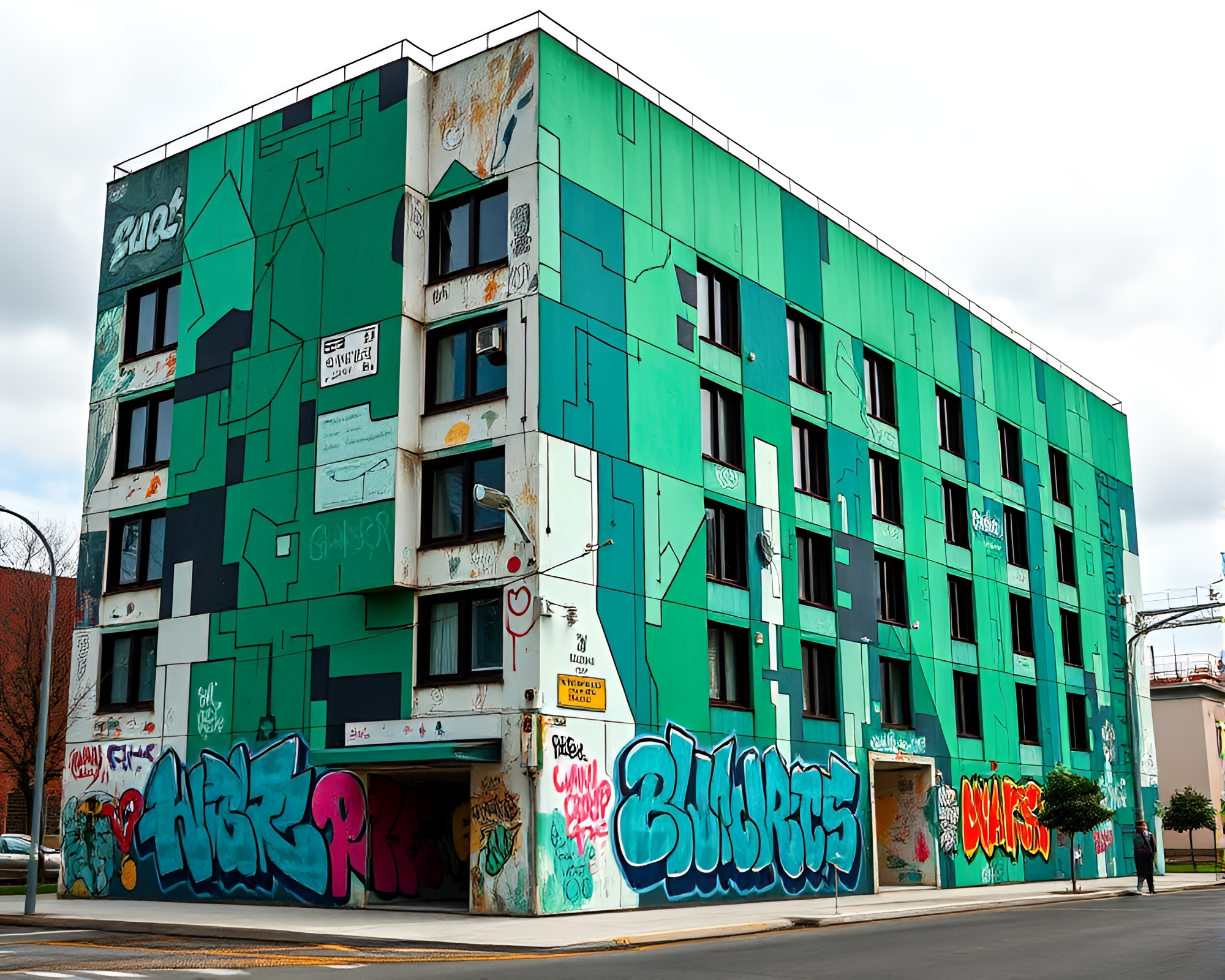 Cubist Brutalist Mural with Emerald Highlights – free AI stock image